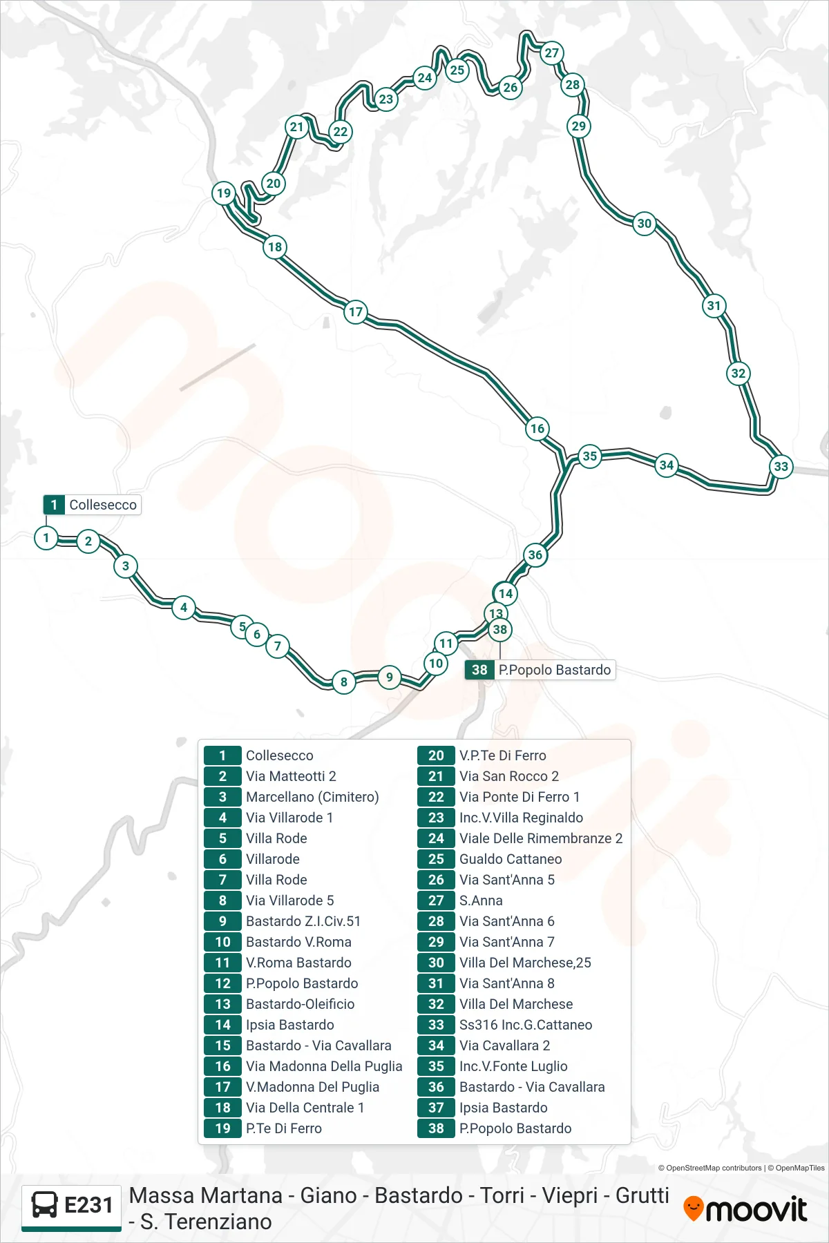 Linea E231 bus (Collesecco→P.Popolo Bastardo) - Percorsi e fermate sulla mappa