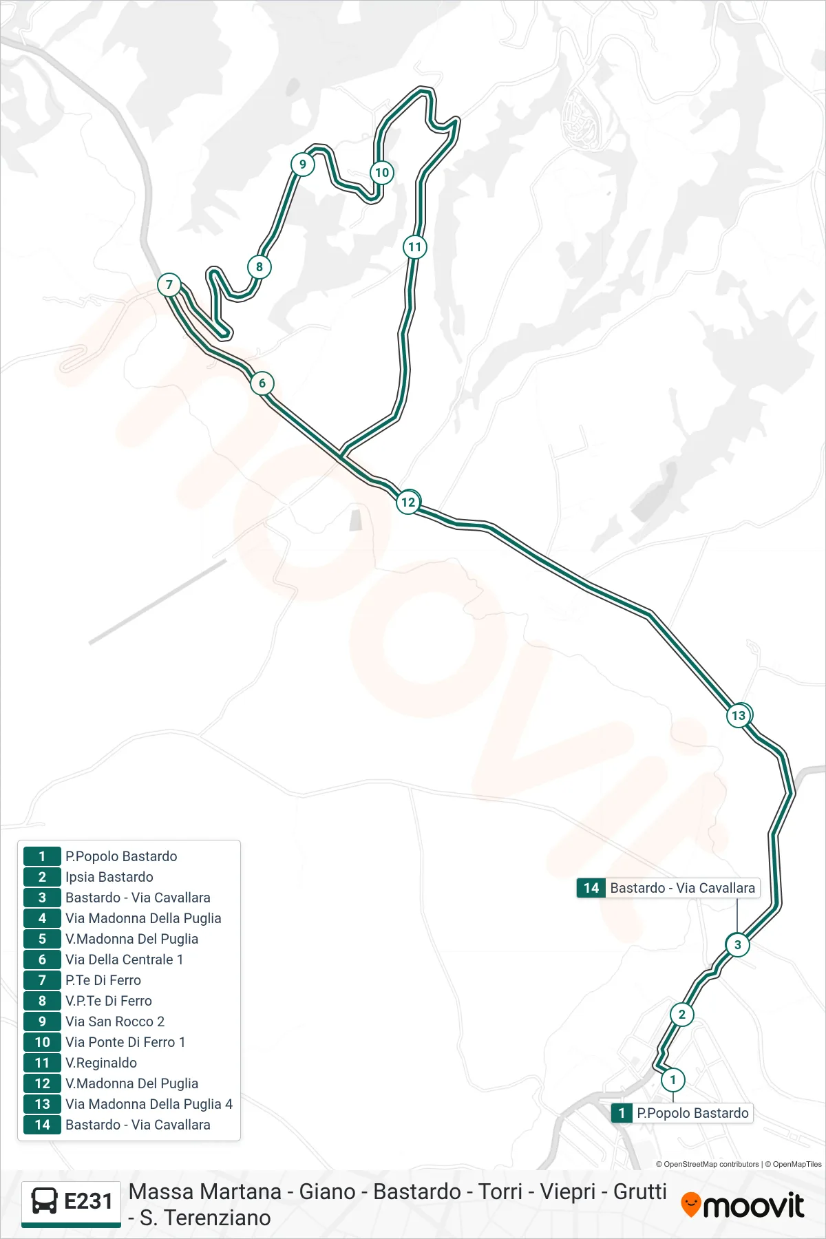 Linea E231 bus (P.Popolo Bastardo→Bastardo - Via Cavallara) - Percorsi e fermate sulla mappa