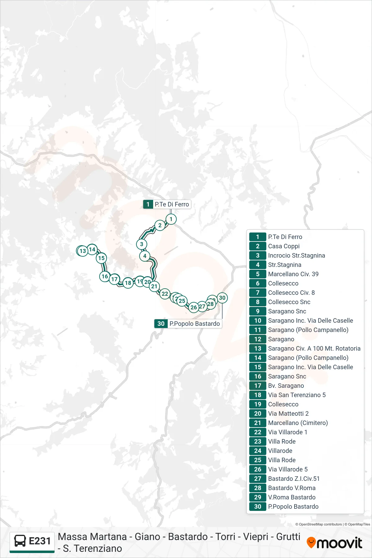 Linea E231 bus (P.Te Di Ferro→P.Popolo Bastardo) - Percorsi e fermate sulla mappa