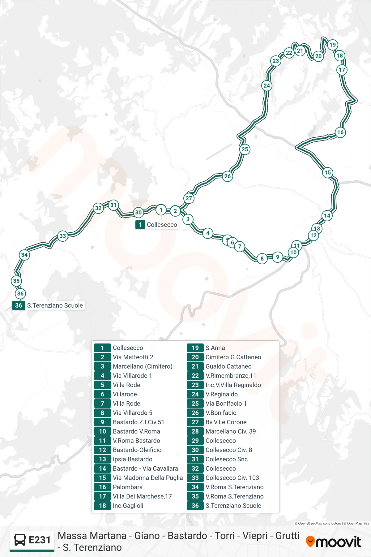 Linea E231  bus (Collesecco‎→S.Terenziano Scuole) - Percorsi e fermate sulla mappa