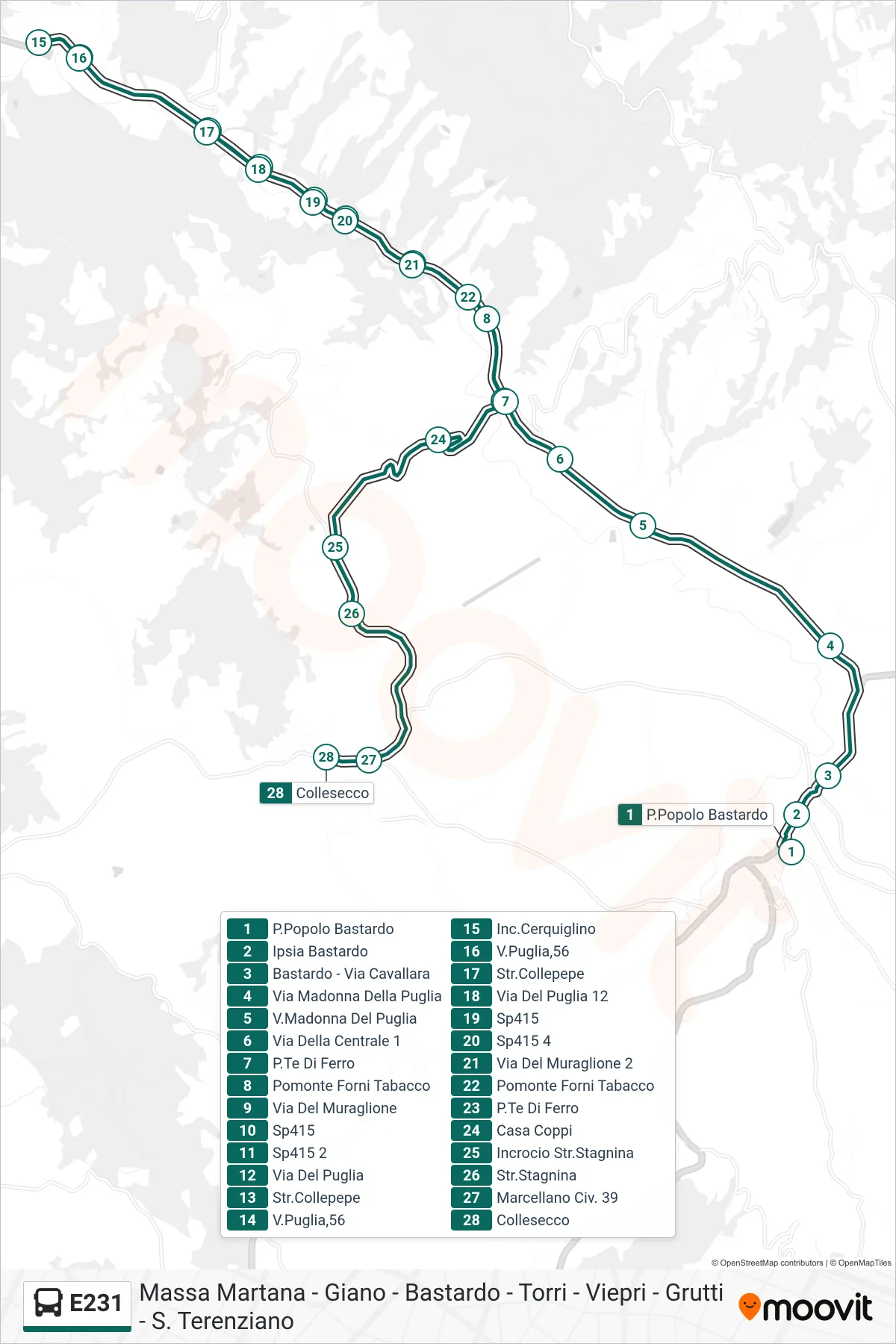 Linea E231 bus (P.Popolo Bastardo→Collesecco) - Percorsi e fermate sulla mappa