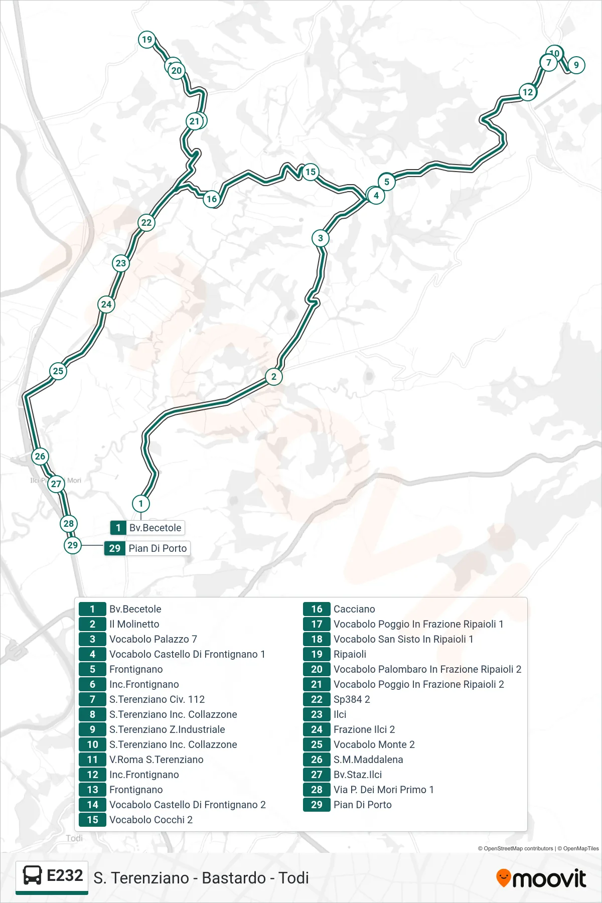 Linea E232 bus (Bv.Becetole→Pian Di Porto) - Percorsi e fermate sulla mappa