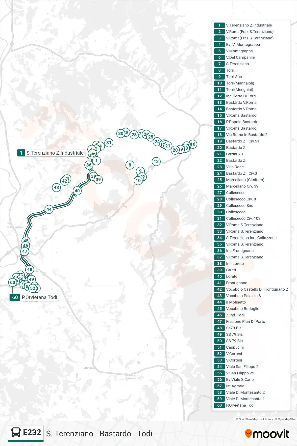 Linea E232 bus (S.Terenziano Z.Industriale→P.Orvietana Todi) - Percorsi e fermate sulla mappa