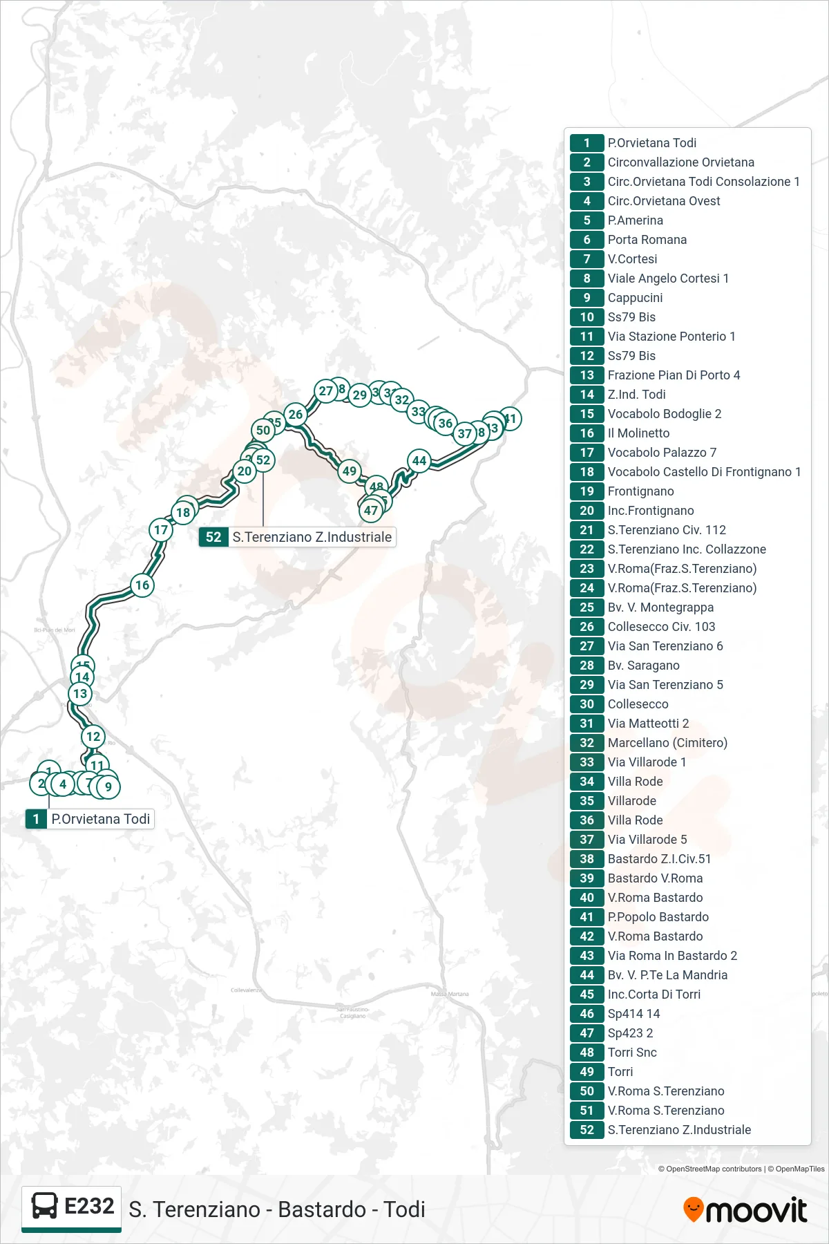 Linea E232  bus (P.Orvietana Todi‎→S.Terenziano Z.Industriale) - Percorsi e fermate sulla mappa