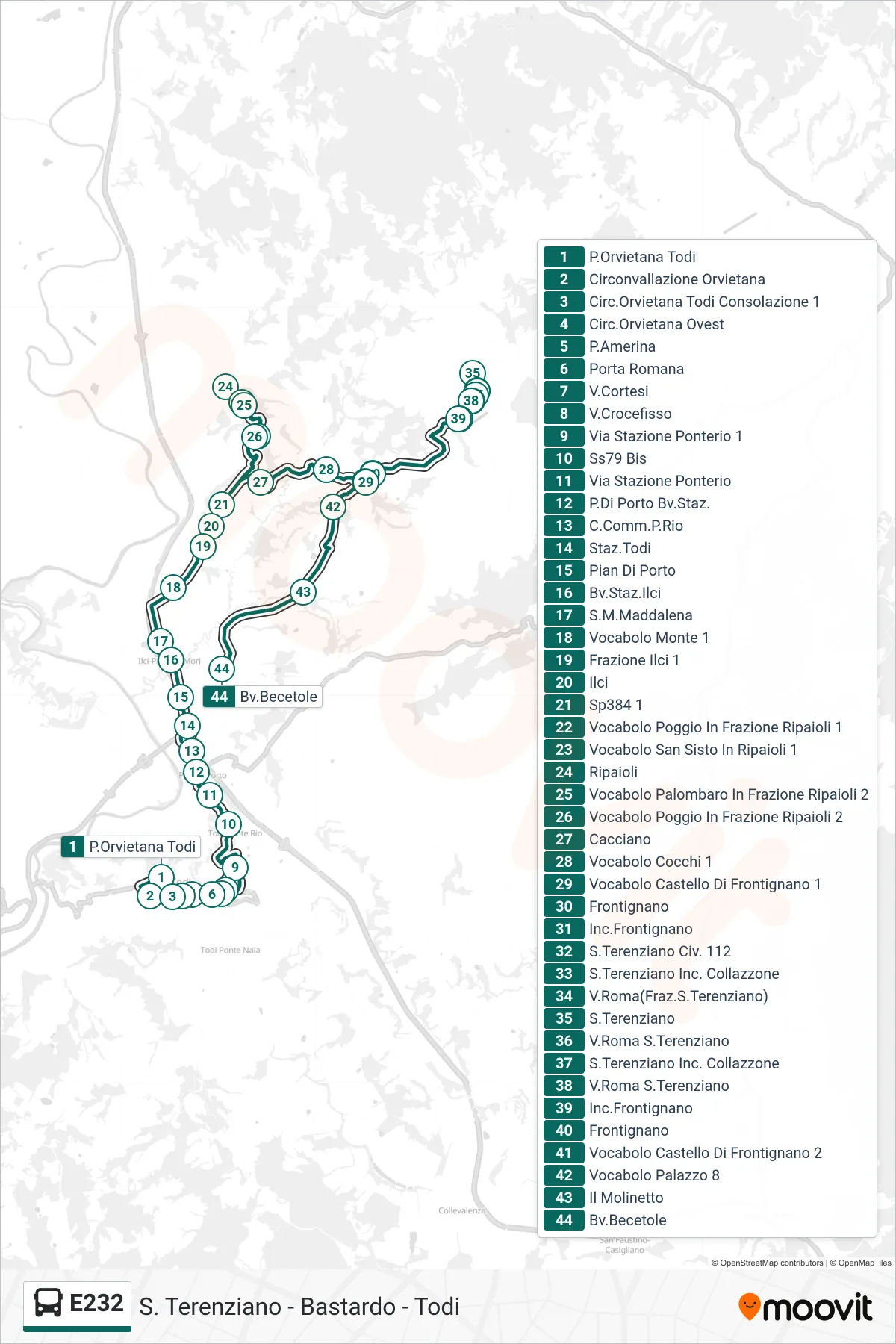 Linea E232 bus (P.Orvietana Todi→Bv.Becetole) - Percorsi e fermate sulla mappa