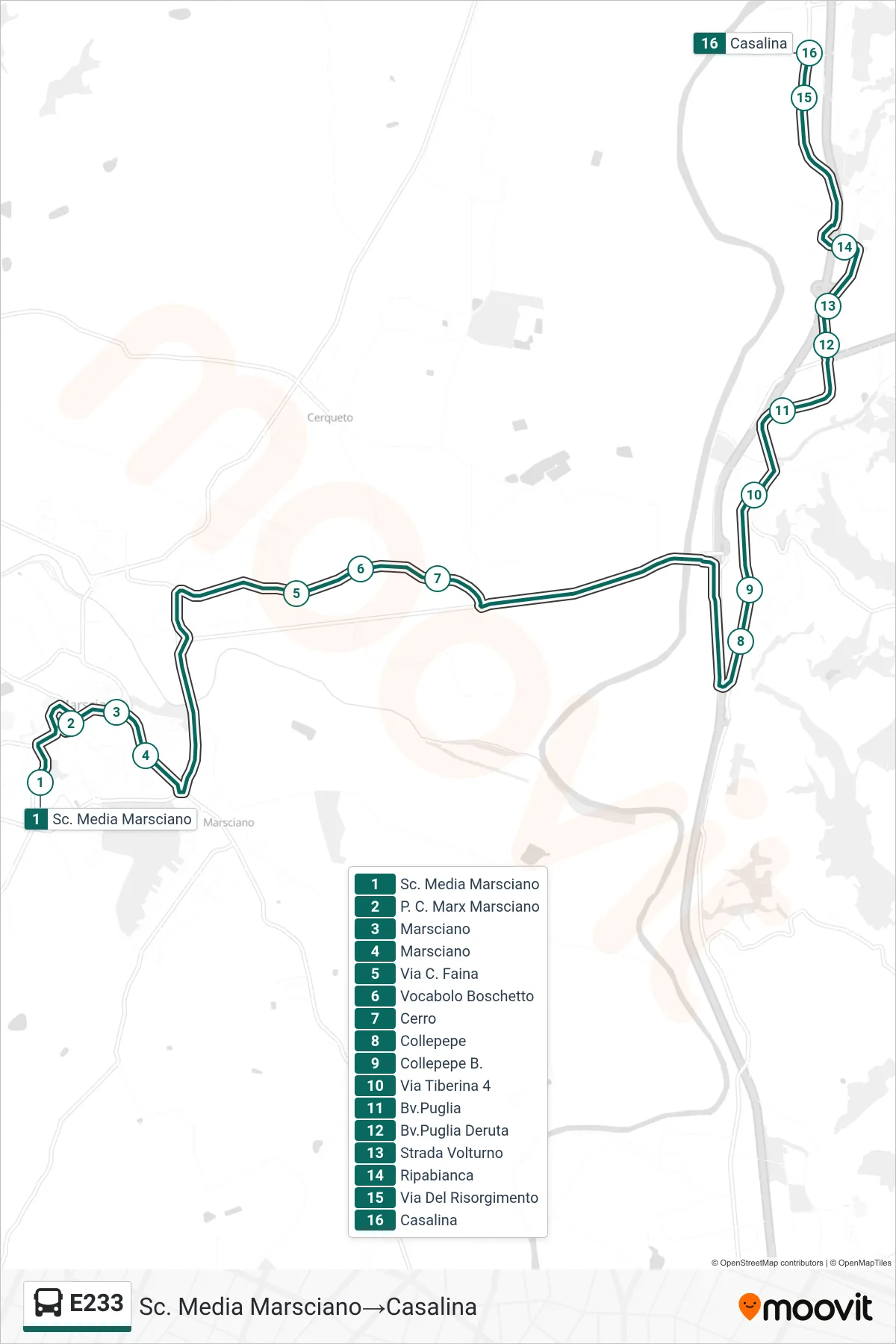 Linea E233 bus (Sc. Media Marsciano→Casalina) - Percorsi e fermate sulla mappa