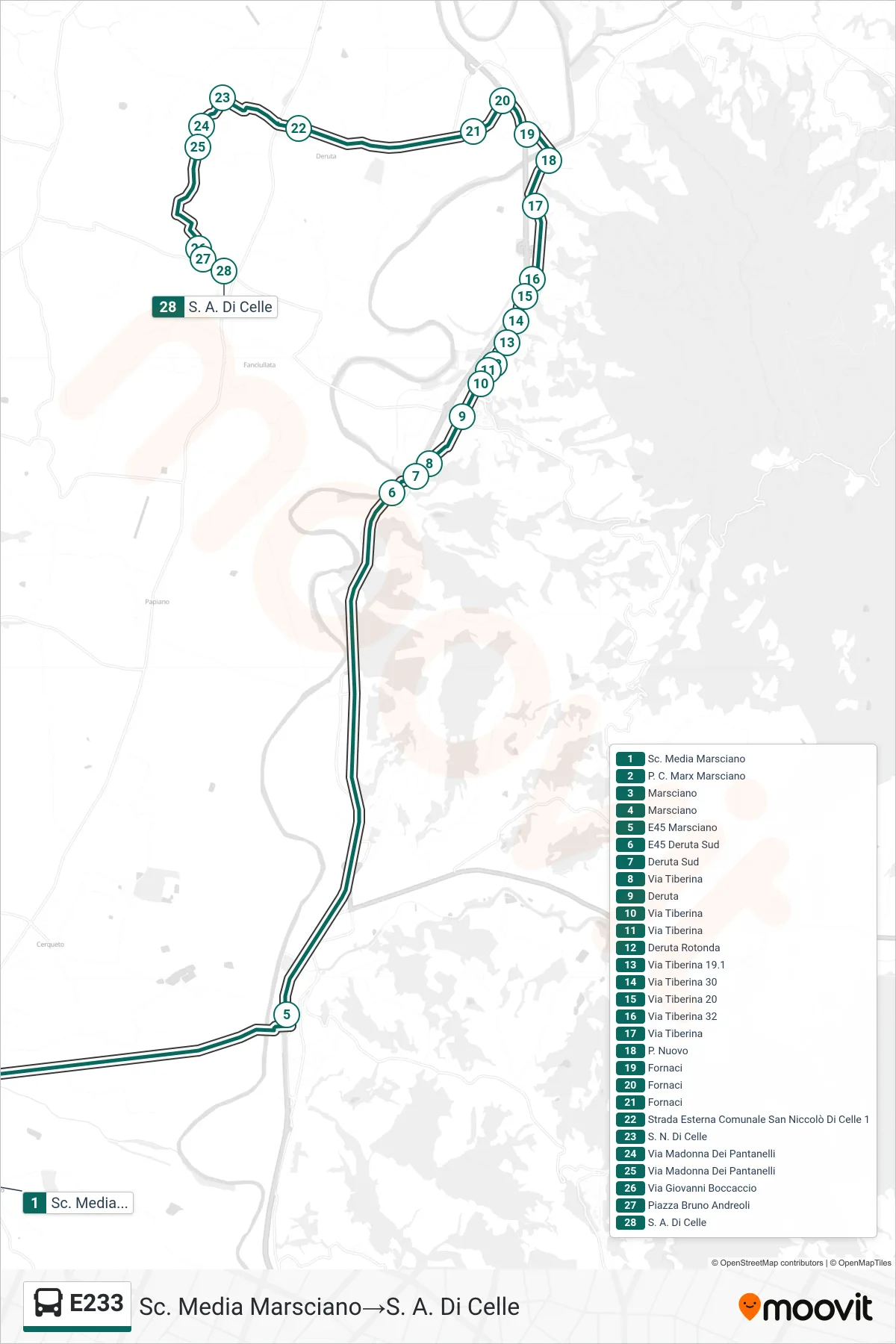 Linea E233 bus (Sc. Media Marsciano→S. A. Di Celle) - Percorsi e fermate sulla mappa