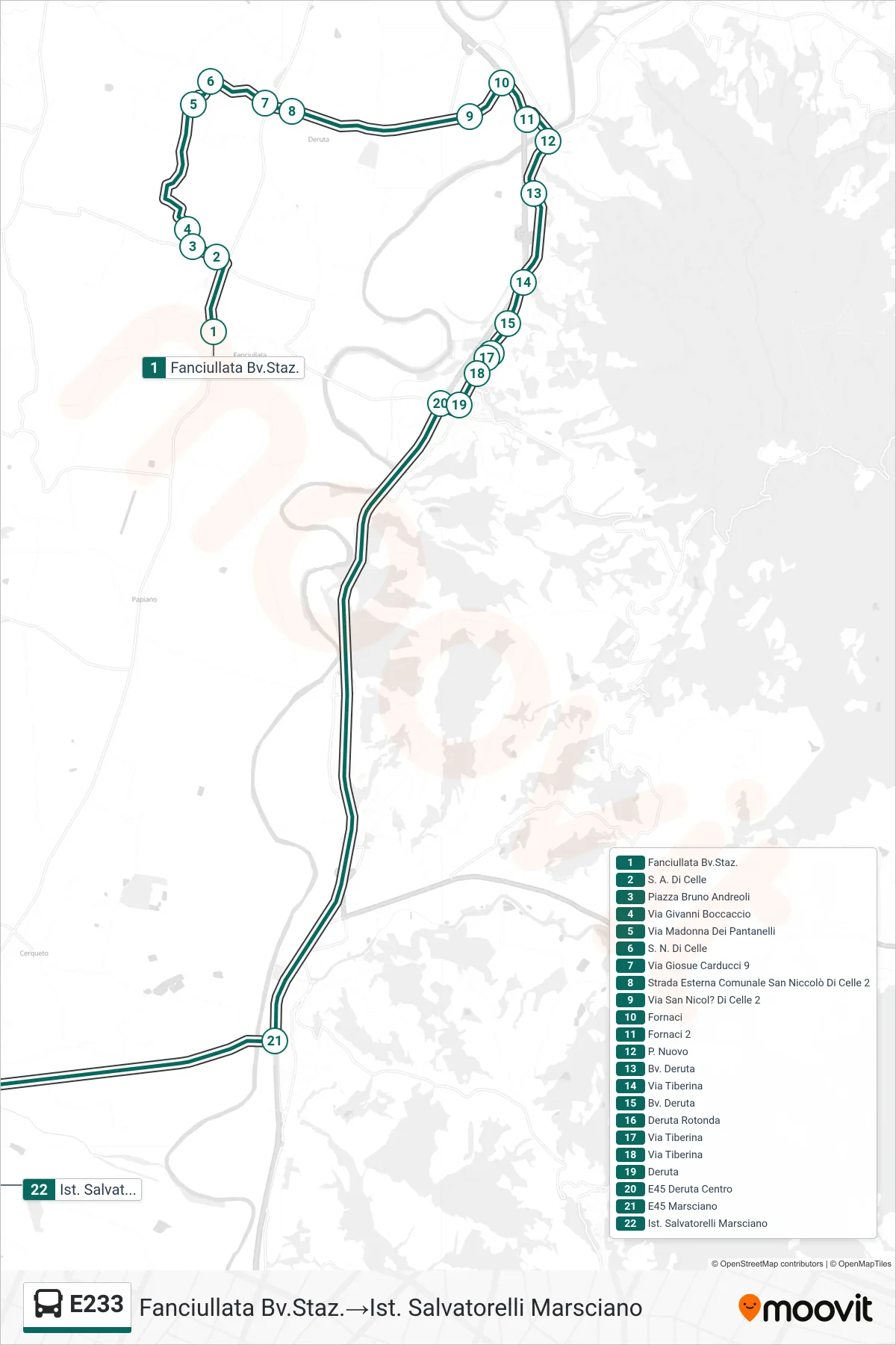 Linea E233 bus (Fanciullata Bv.Staz.→Ist. Salvatorelli Marsciano) - Percorsi e fermate sulla mappa