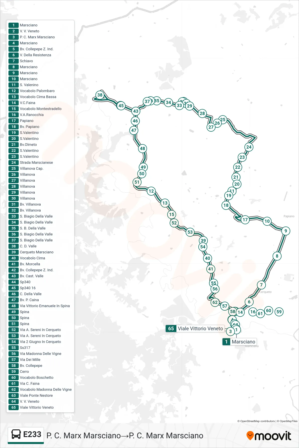 Linea E233 bus (P. C. Marx Marsciano→P. C. Marx Marsciano) - Percorsi e fermate sulla mappa