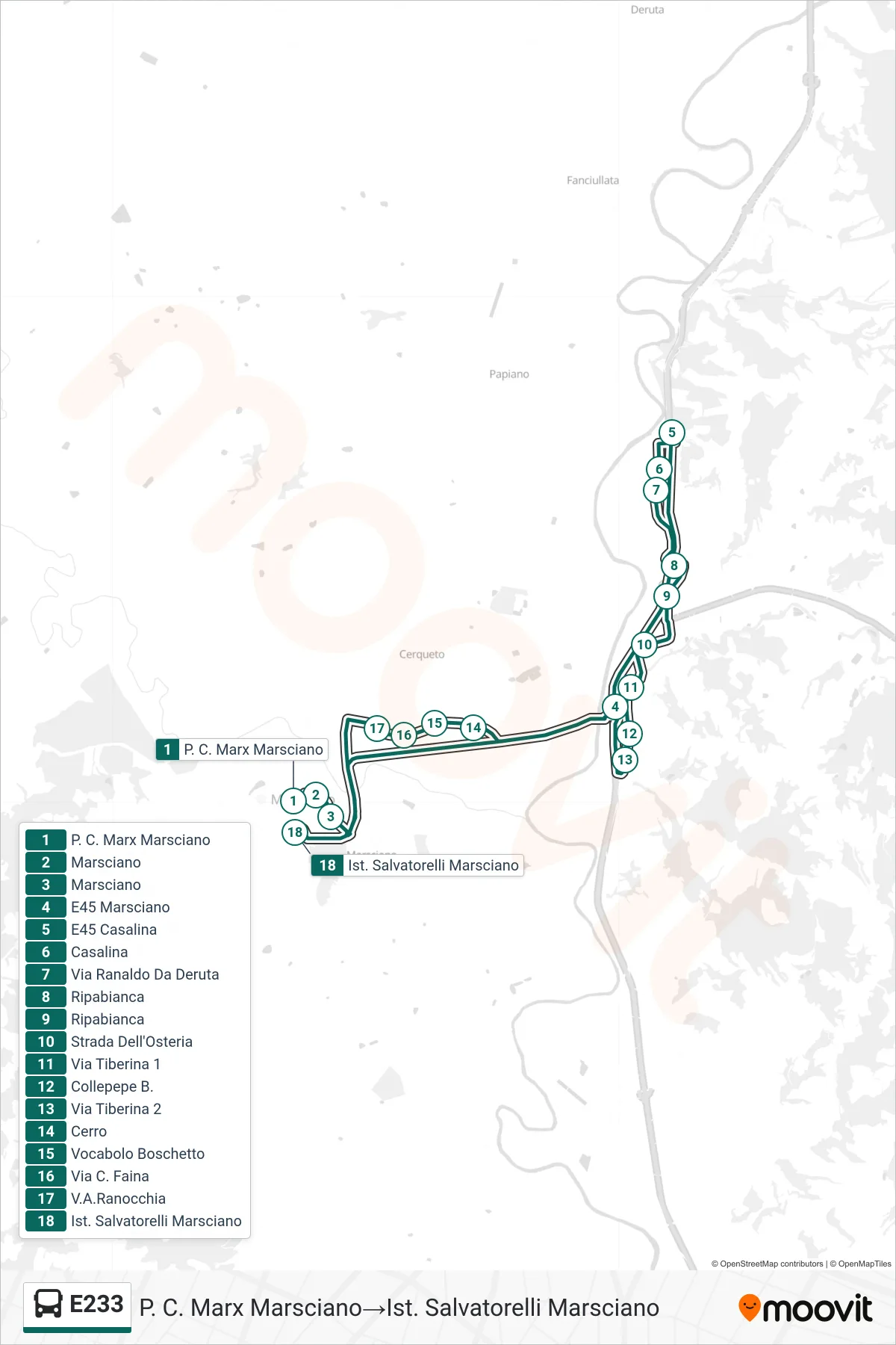 E233 bus Line (Piazza Karl Marx Marsciano→Salvatorelli Institute Marsciano) route and stops on a map