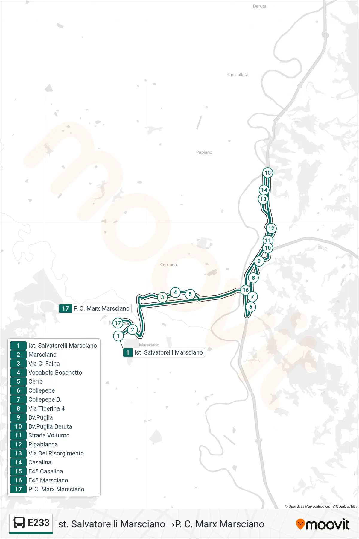 Linea E233 bus (Ist. Salvatorelli Marsciano→P. C. Marx Marsciano) - Percorsi e fermate sulla mappa