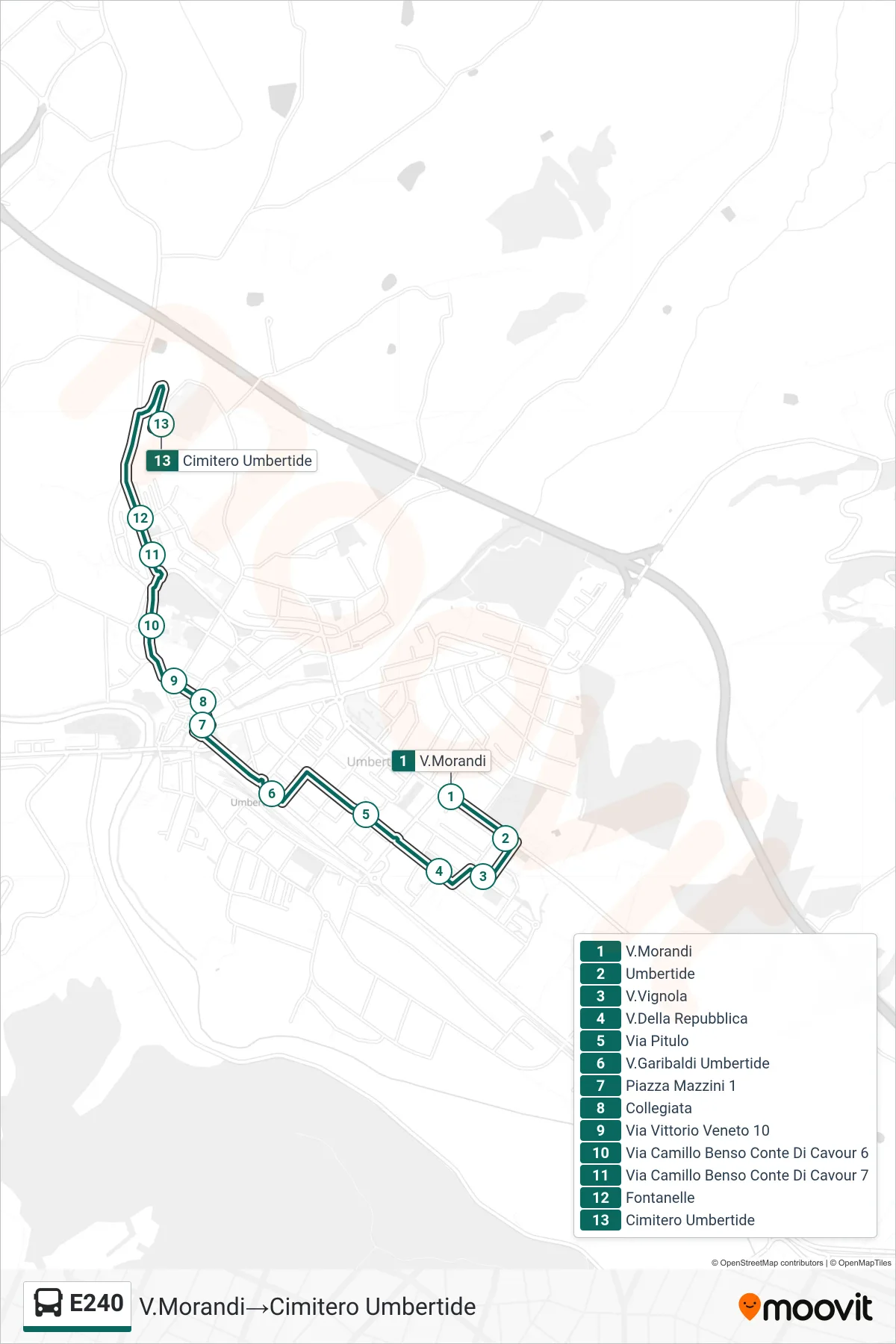 Linea E240 bus (V.Morandi→Cimitero Umbertide) - Percorsi e fermate sulla mappa