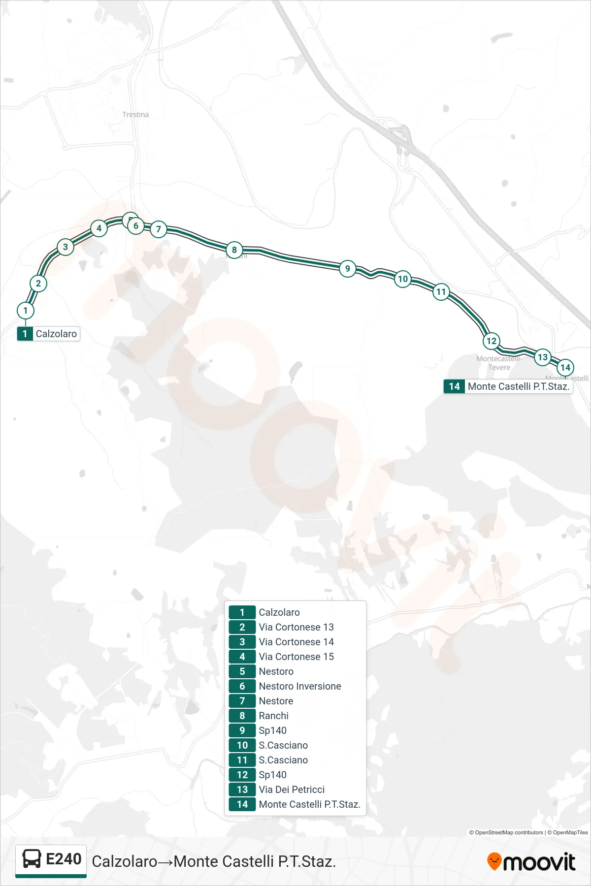 E240 bus Line (Shoe Repair→Monte Castelli Station) route and stops on a map