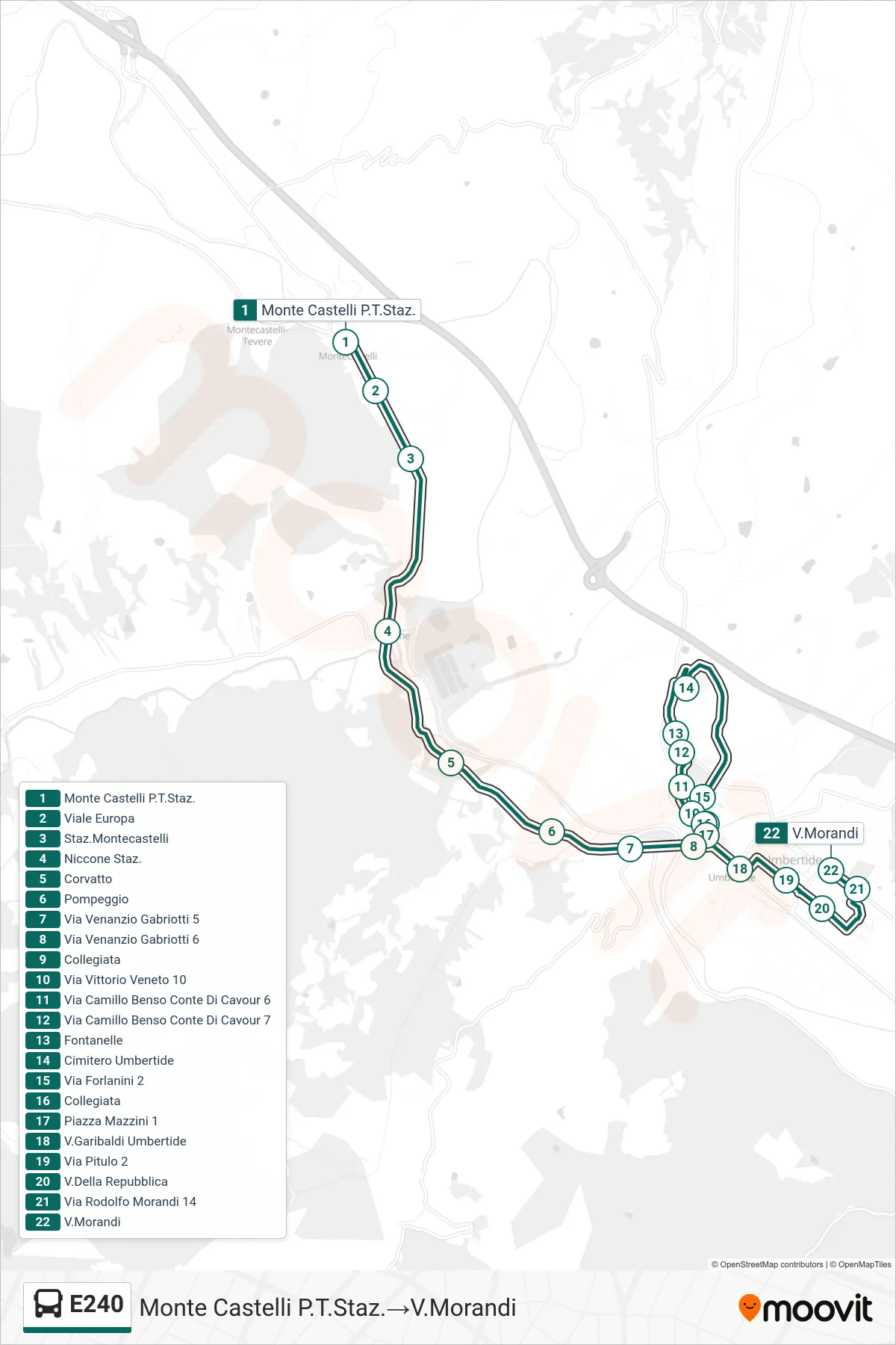 Linea E240 bus (Monte Castelli P.T.Staz.→V.Morandi) - Percorsi e fermate sulla mappa