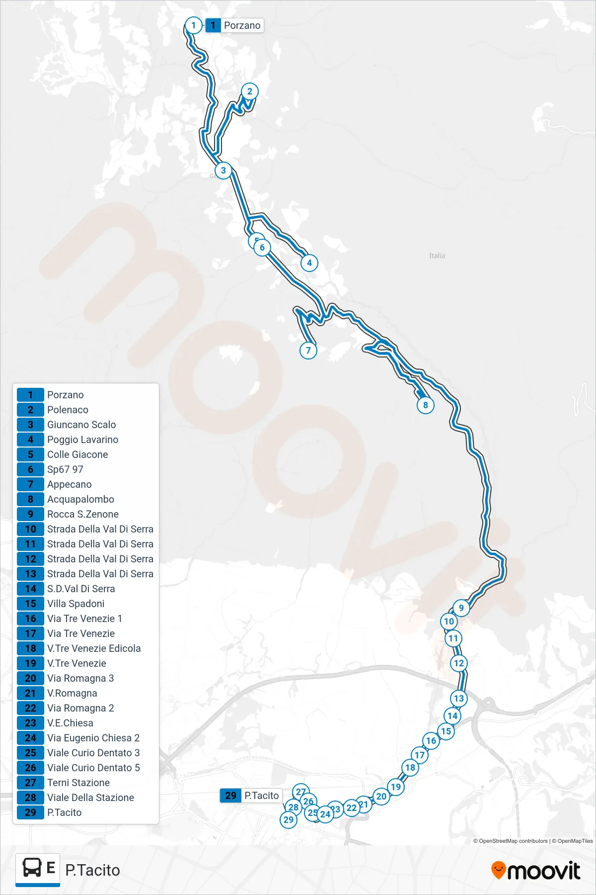 Linea E bus (P.Tacito) - Percorsi e fermate sulla mappa