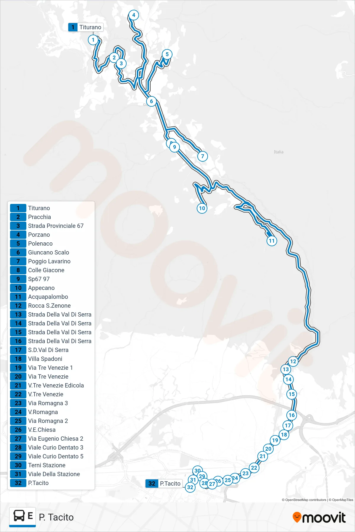Linea E bus (P. Tacito) - Percorsi e fermate sulla mappa