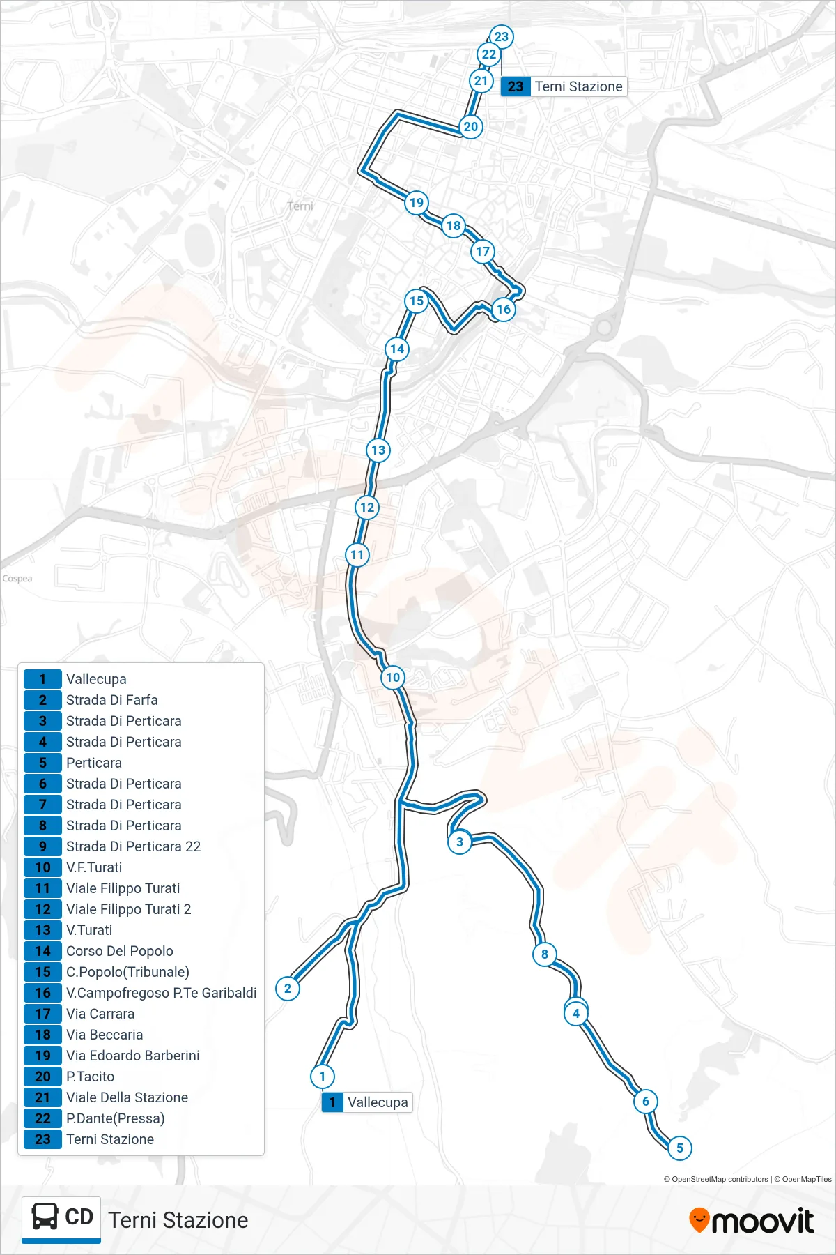 Linea CD  bus (Terni Stazione) - Percorsi e fermate sulla mappa