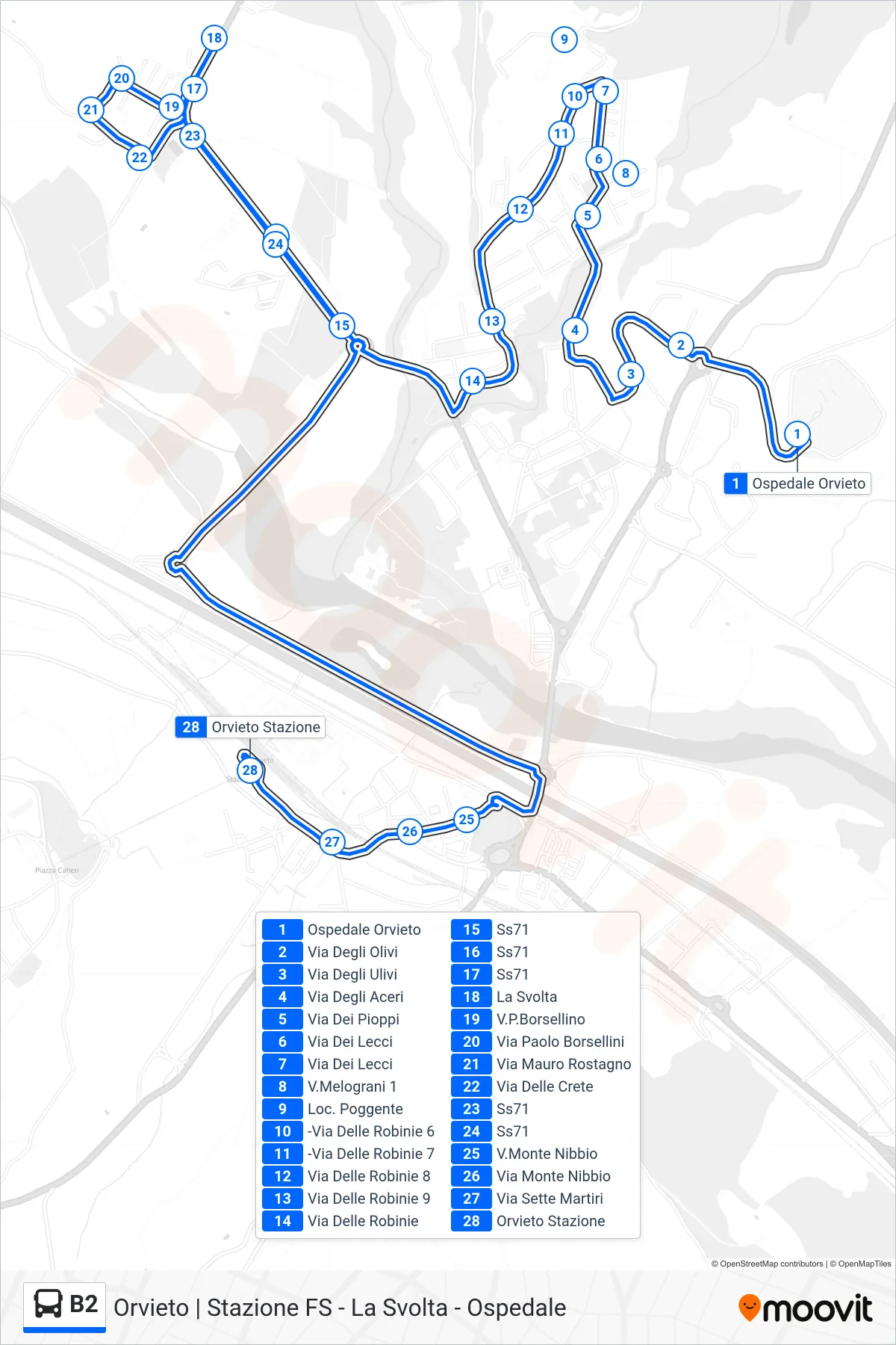 Linea B2  bus (Ospedale Orvieto‎→Orvieto Stazione) - Percorsi e fermate sulla mappa