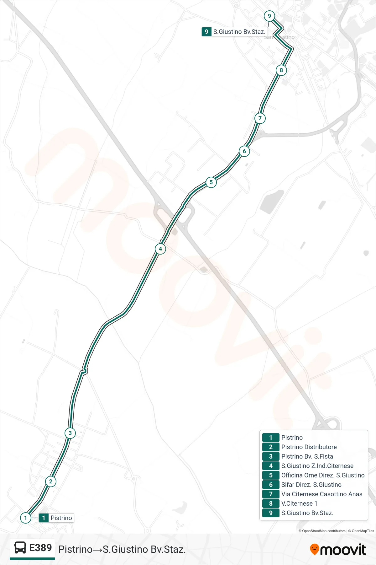 Linea E389 bus (Pistrino→S.Giustino Bv.Staz.) - Percorsi e fermate sulla mappa