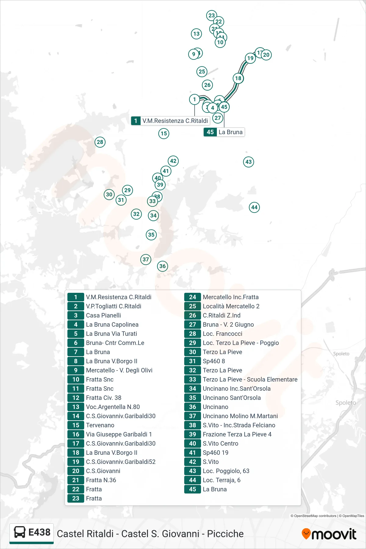 Linea E438 bus (V.M.Resistenza C.Ritaldi→La Bruna) - Percorsi e fermate sulla mappa