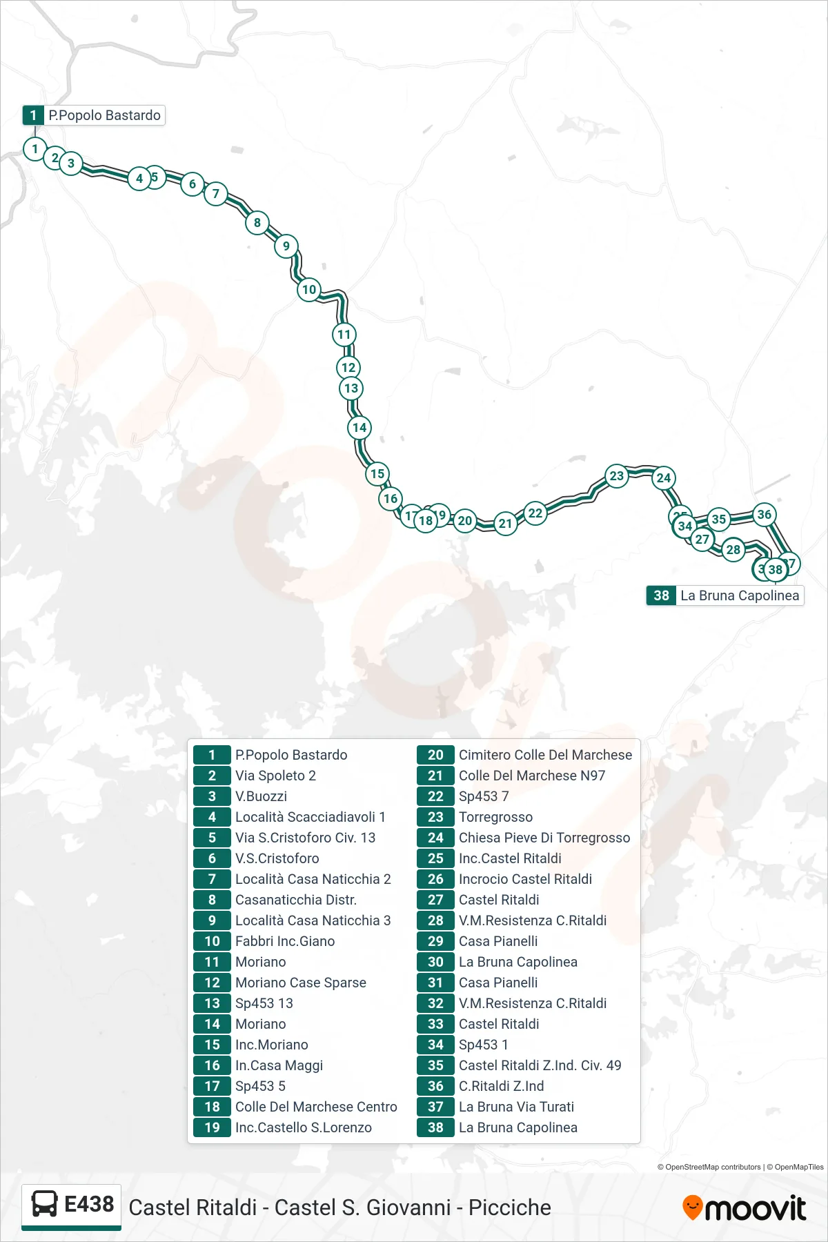 Linea E438 bus (P.Popolo Bastardo→La Bruna Capolinea) - Percorsi e fermate sulla mappa