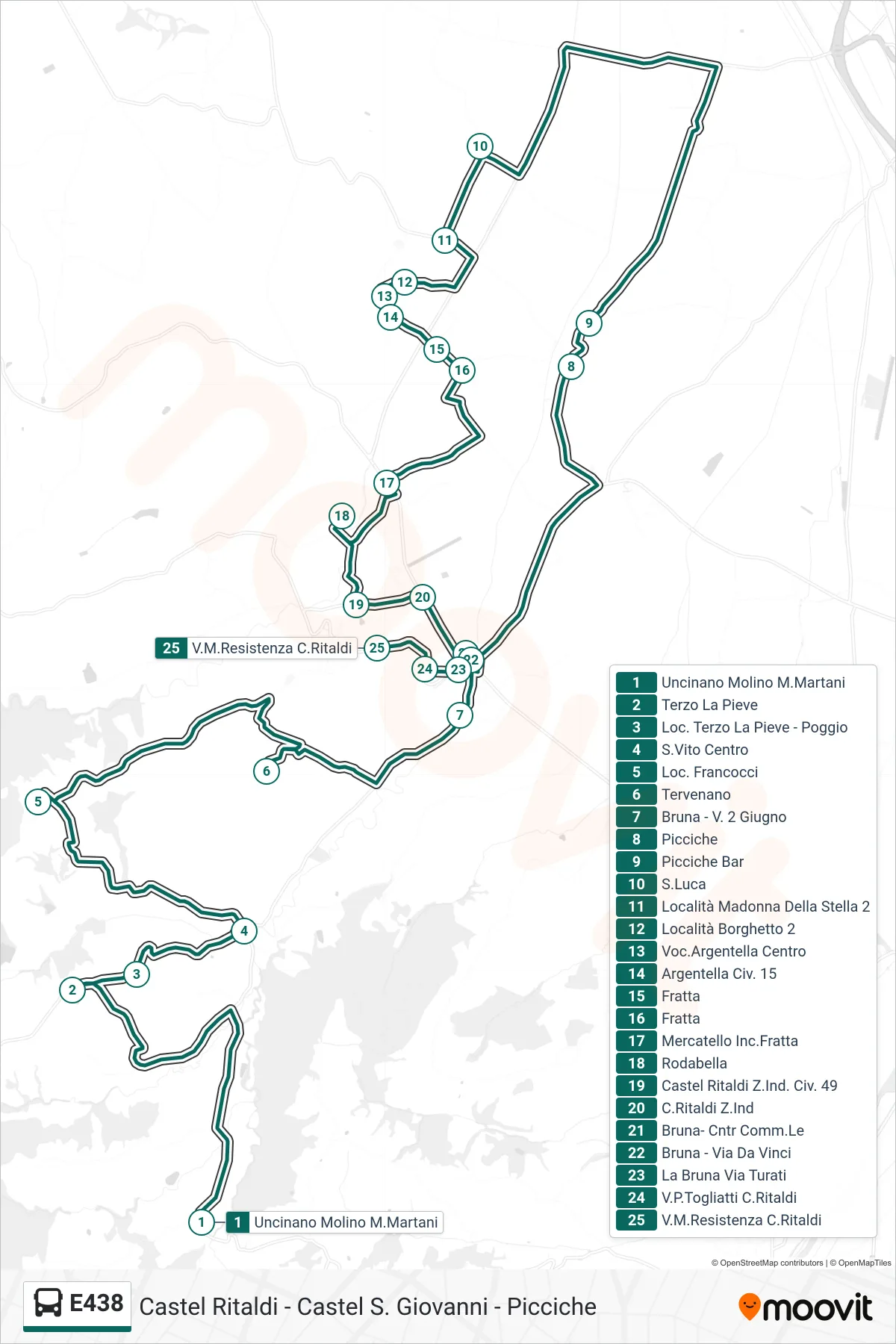 E438 bus Line (Uncinano Molino Monte Martani‎→Via Martiri Resistenza Castel Ritaldi) route and stops on a map