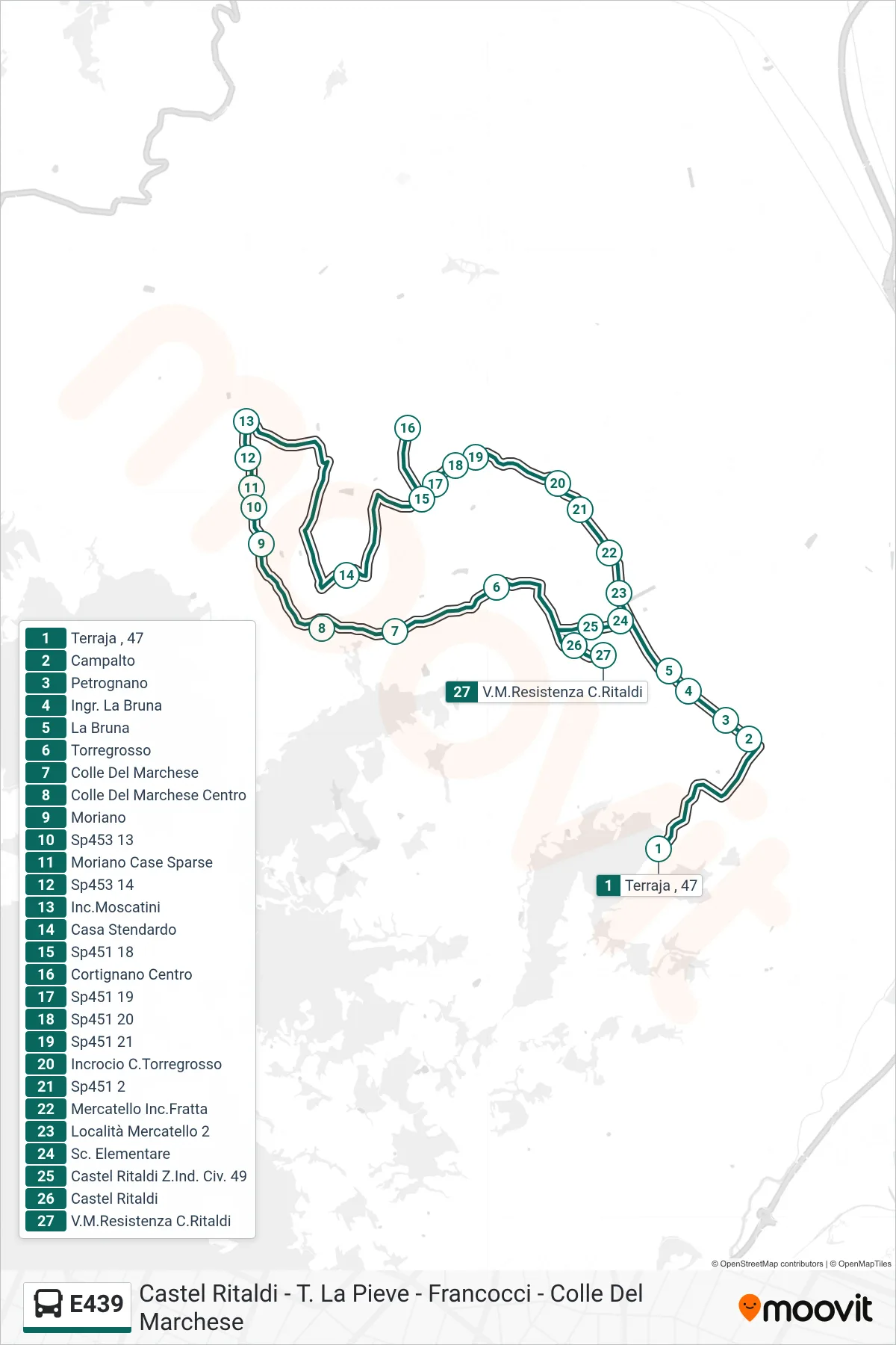 Linea E439 bus (Terraja , 47→V.M.Resistenza C.Ritaldi) - Percorsi e fermate sulla mappa