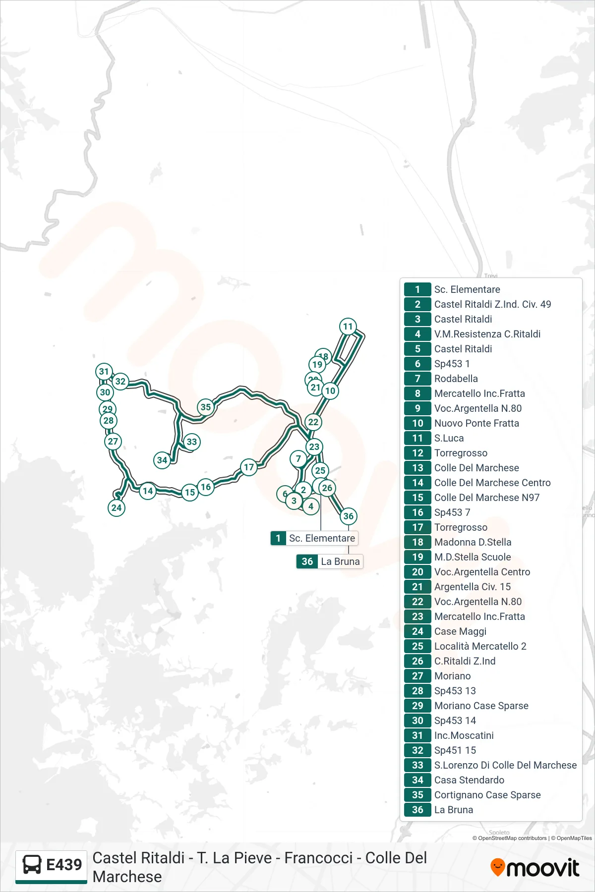 Linea E439  bus (Sc. Elementare‎→La Bruna) - Percorsi e fermate sulla mappa