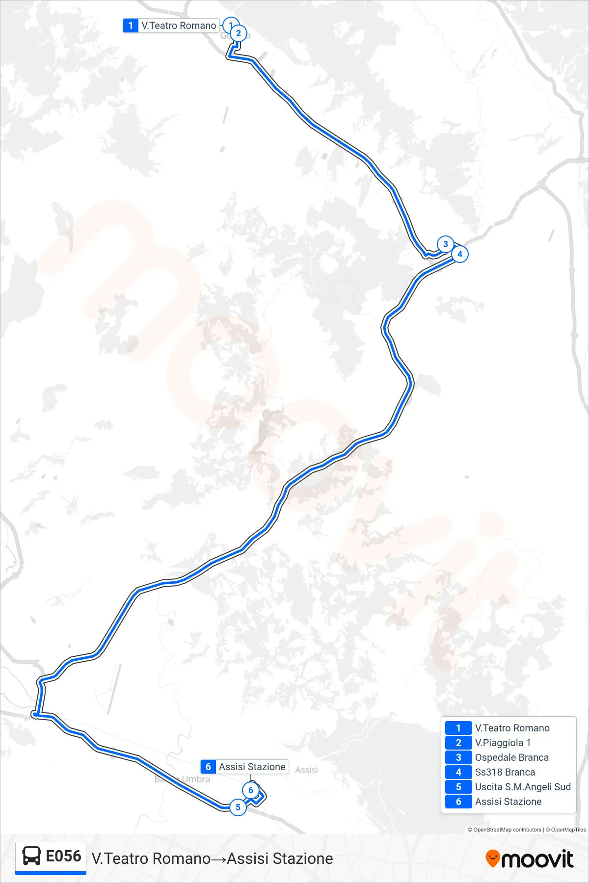 Linea E056 bus (V.Teatro Romano→Assisi Stazione) - Percorsi e fermate sulla mappa