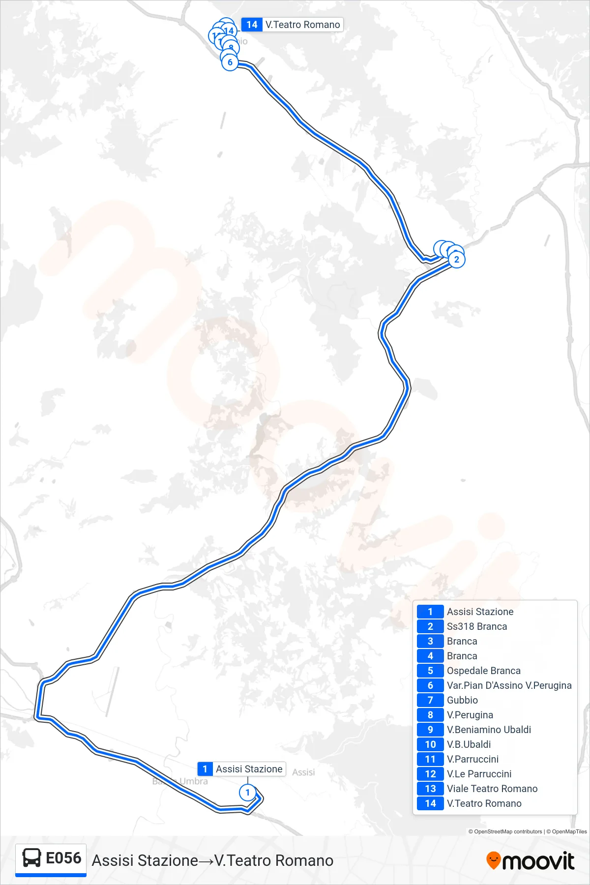 Linea E056 bus (Assisi Stazione→V.Teatro Romano) - Percorsi e fermate sulla mappa