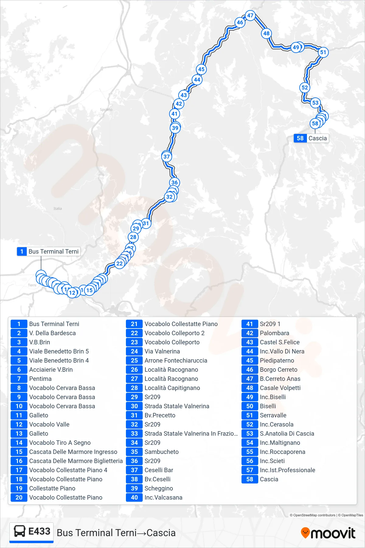 Linea E433 bus (Bus Terminal Terni→Cascia) - Percorsi e fermate sulla mappa