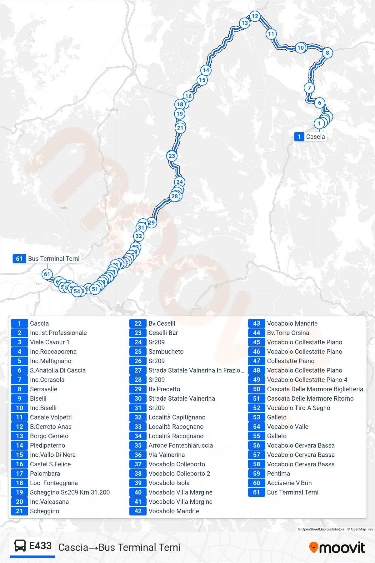 Linea E433 bus (Cascia→Bus Terminal Terni) - Percorsi e fermate sulla mappa