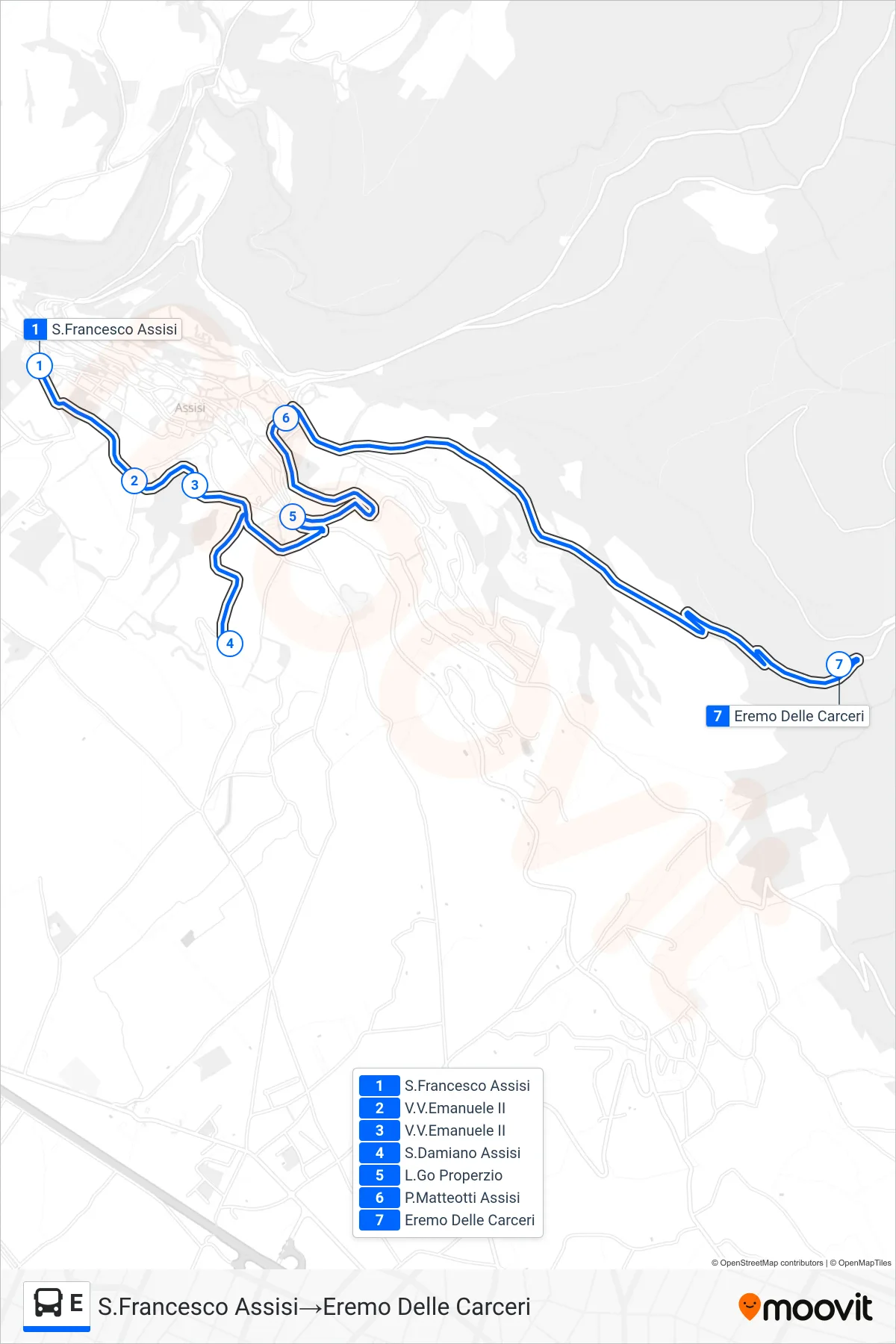 Linea E  bus (S.Francesco Assisi‎→Eremo Delle Carceri) - Percorsi e fermate sulla mappa