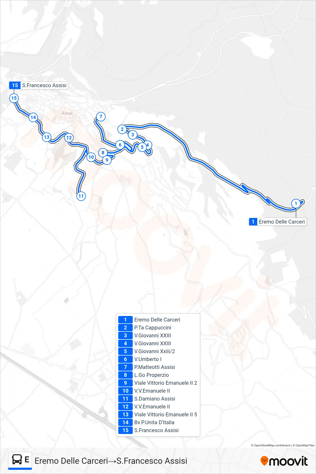 Linea E  bus (Eremo Delle Carceri‎→S.Francesco Assisi) - Percorsi e fermate sulla mappa