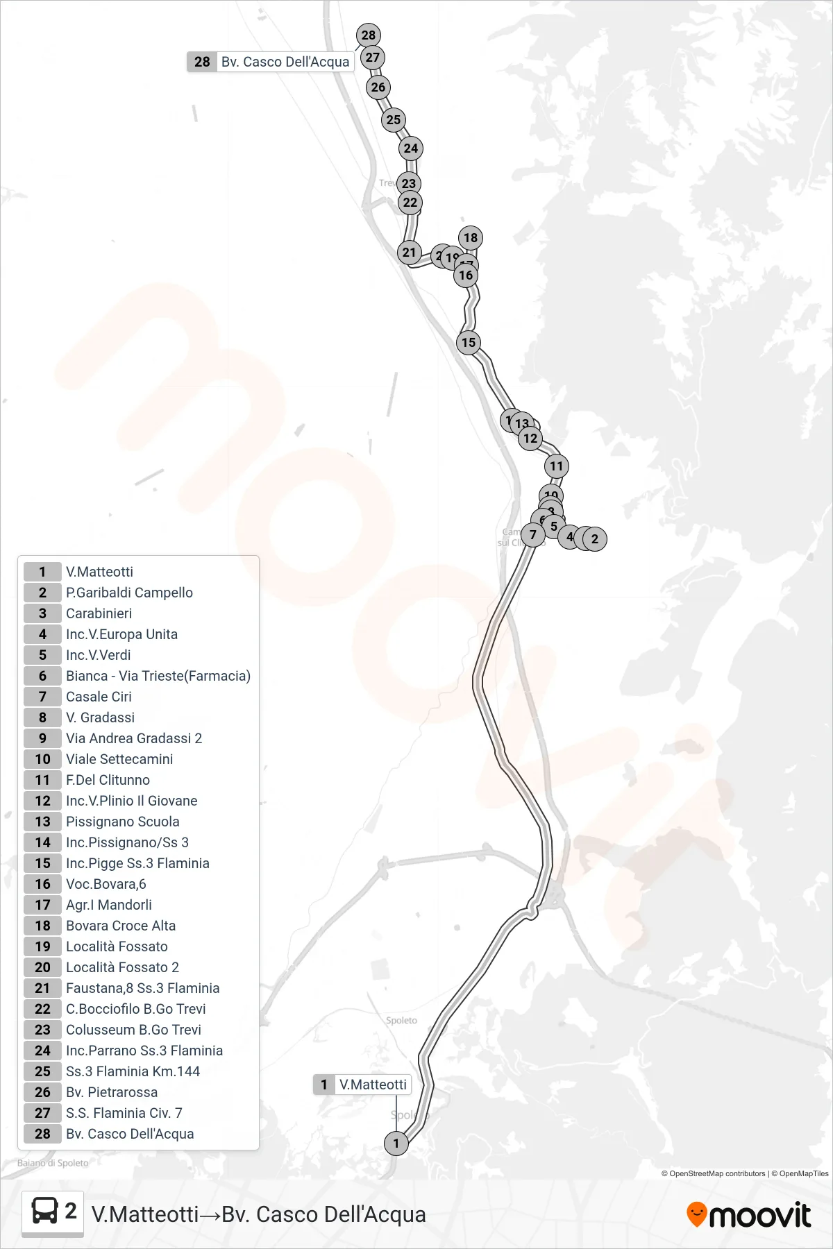 Linea 2 bus (V.Matteotti→Bv. Casco Dell'Acqua) - Percorsi e fermate sulla mappa