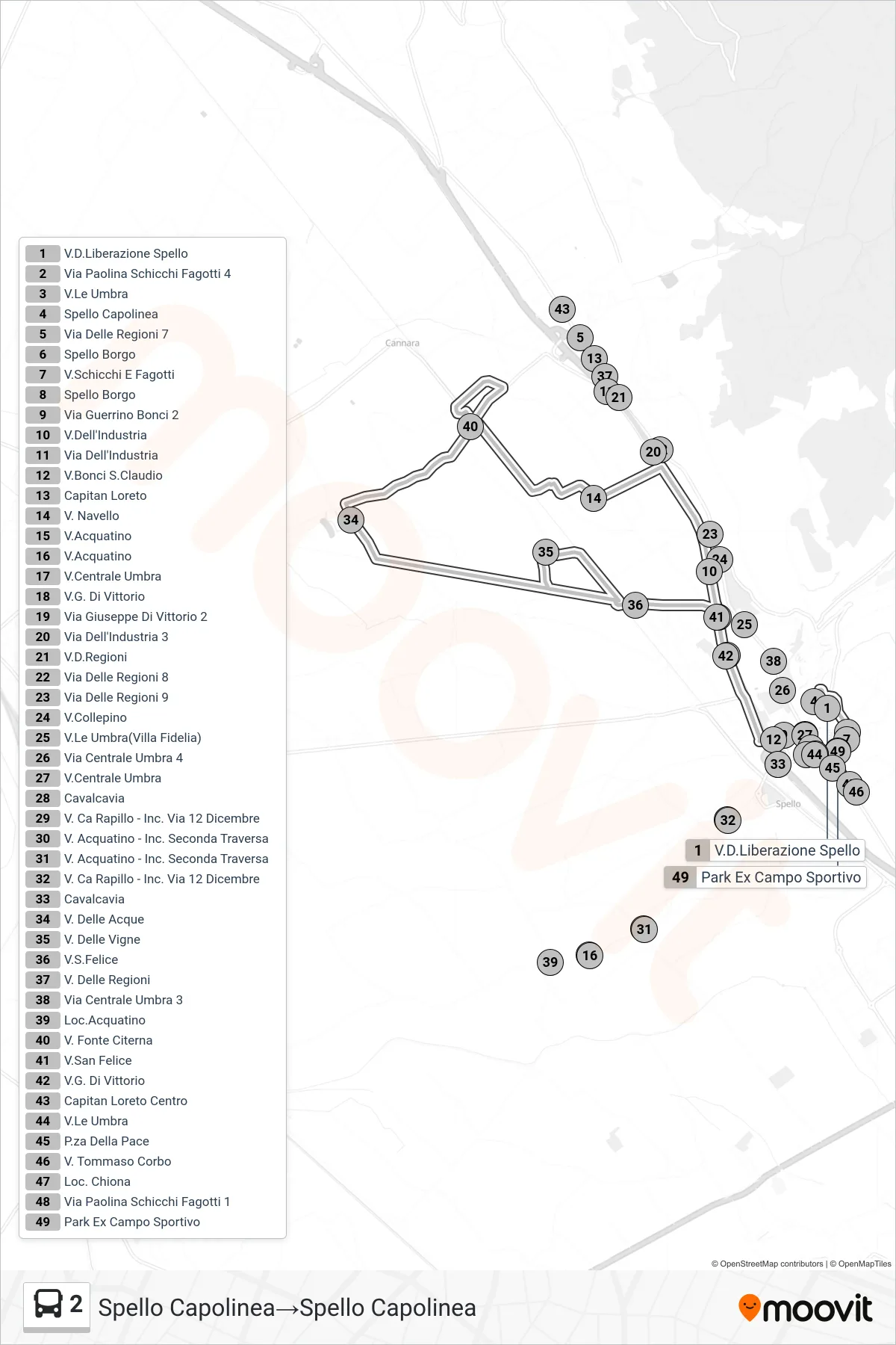 Linea 2 bus (Spello Capolinea→Spello Capolinea) - Percorsi e fermate sulla mappa