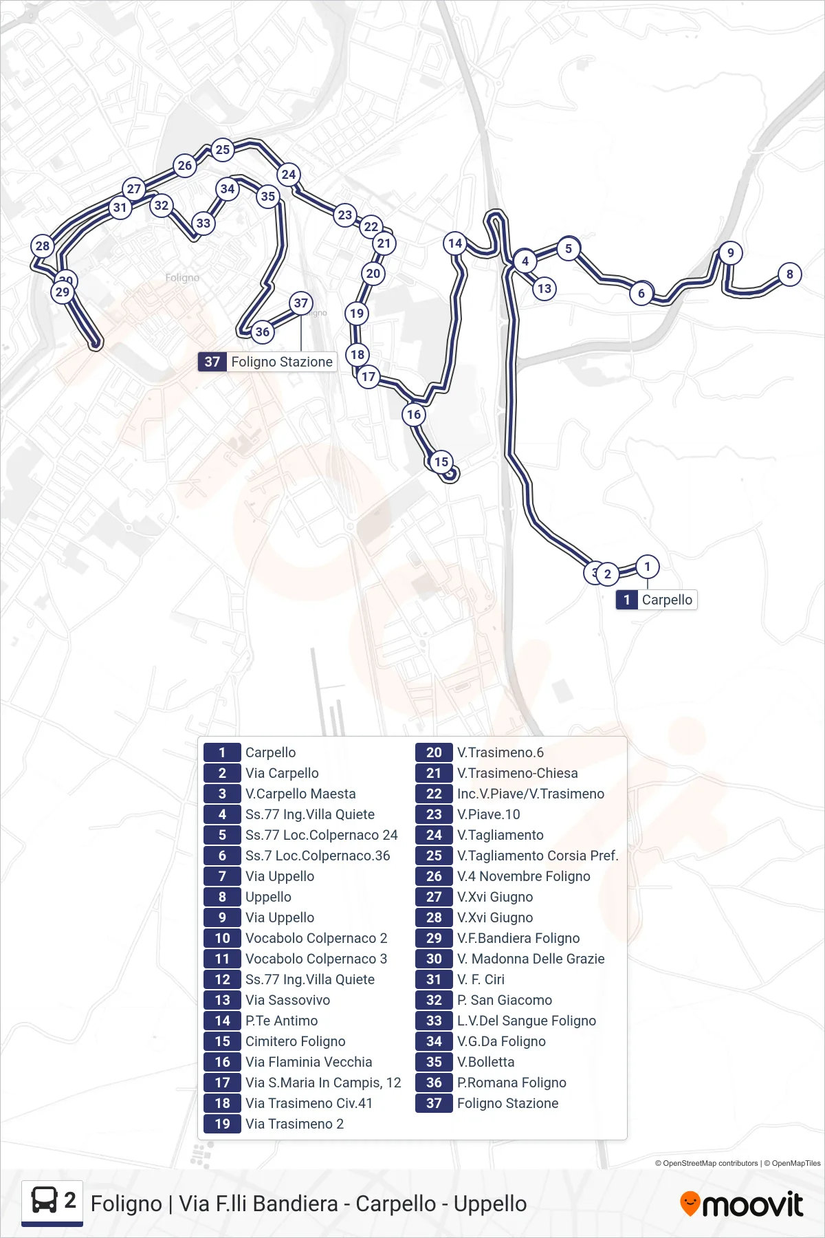 Linea 2  bus (Carpello‎→Foligno Stazione) - Percorsi e fermate sulla mappa
