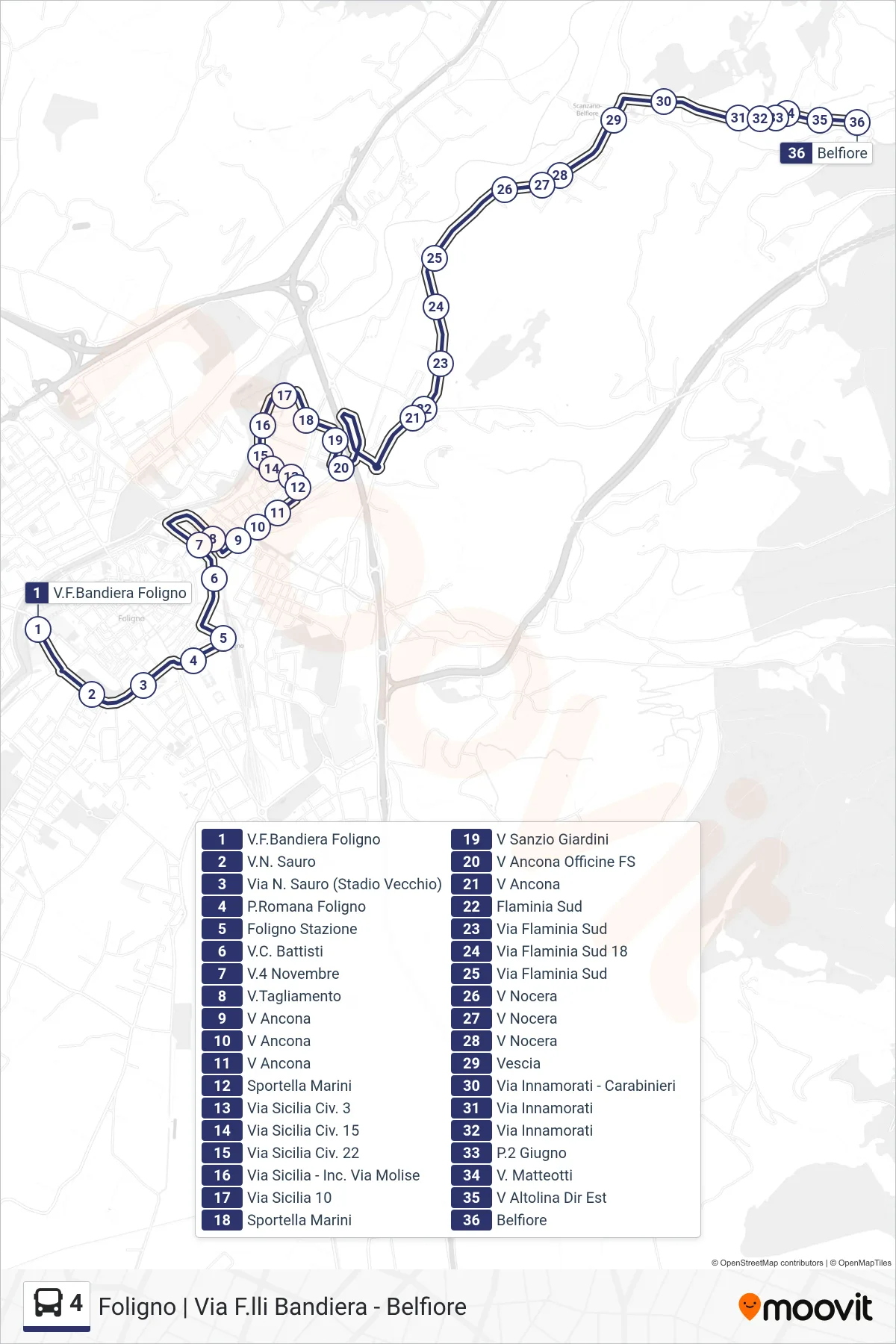 Linea 4 bus (V.F.Bandiera Foligno→Belfiore) - Percorsi e fermate sulla mappa