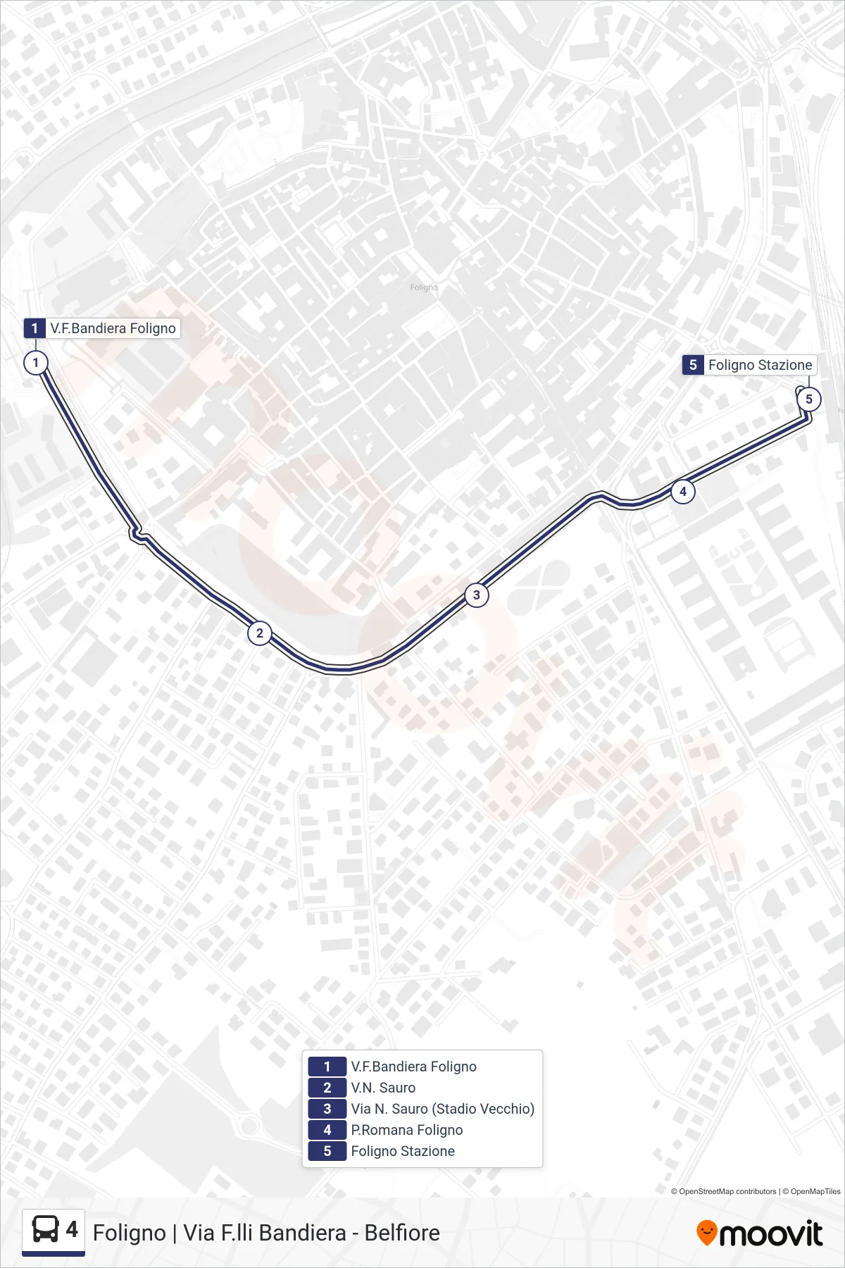 Linea 4  bus (V.F.Bandiera Foligno‎→Foligno Stazione) - Percorsi e fermate sulla mappa