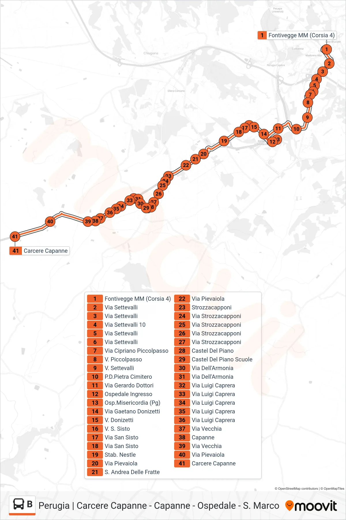 Linea B  bus (Fontivegge M​M (Corsia 4)‎→Carcere Capanne) - Percorsi e fermate sulla mappa