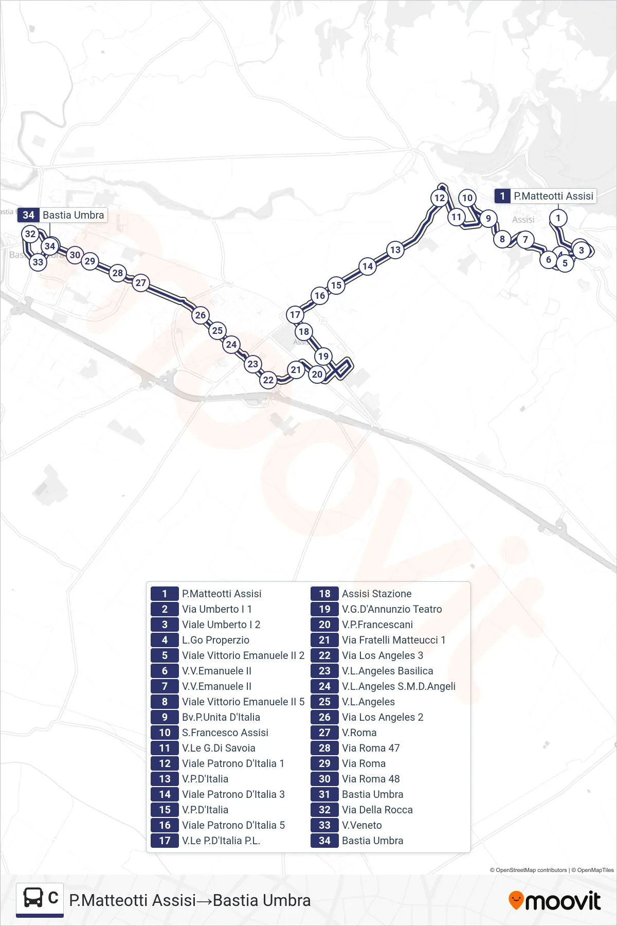 Linea C bus (P.Matteotti Assisi→Bastia Umbra) - Percorsi e fermate sulla mappa