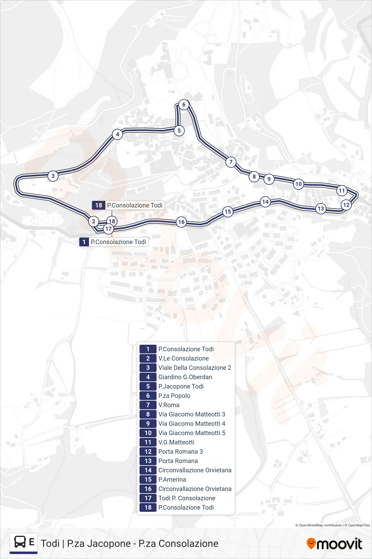 Linea E bus (P.Consolazione Todi→P.Consolazione Todi) - Percorsi e fermate sulla mappa