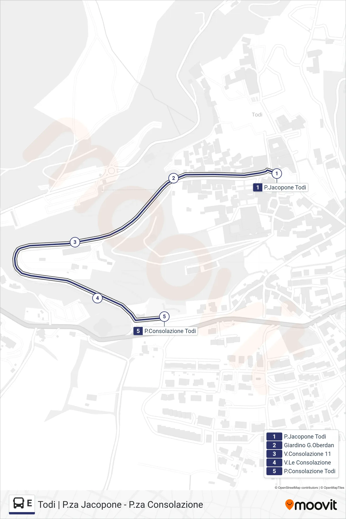 Linea E bus (P.Jacopone Todi→P.Consolazione Todi) - Percorsi e fermate sulla mappa
