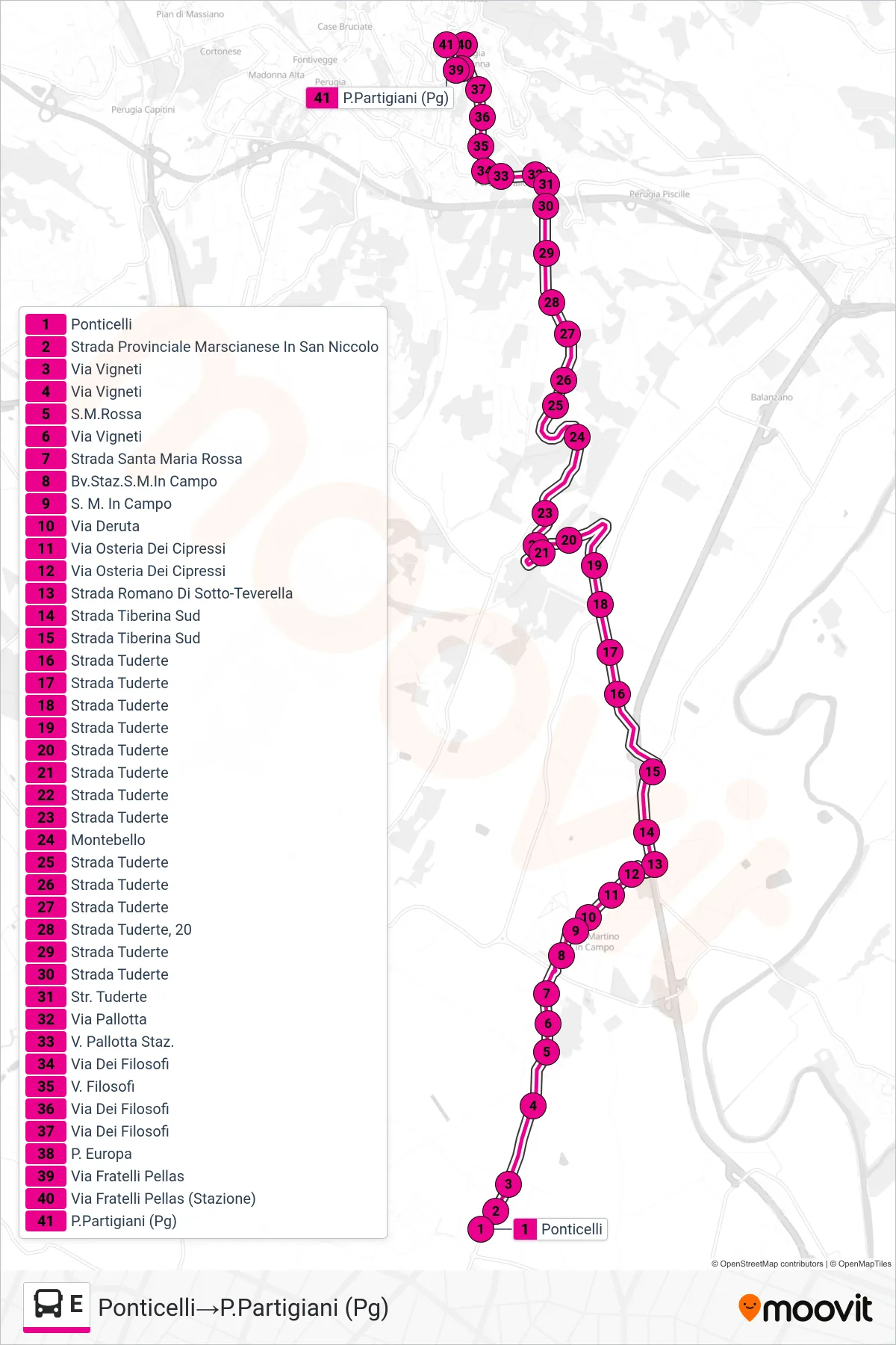 Linea E bus (Ponticelli→P.Partigiani (Pg)) - Percorsi e fermate sulla mappa
