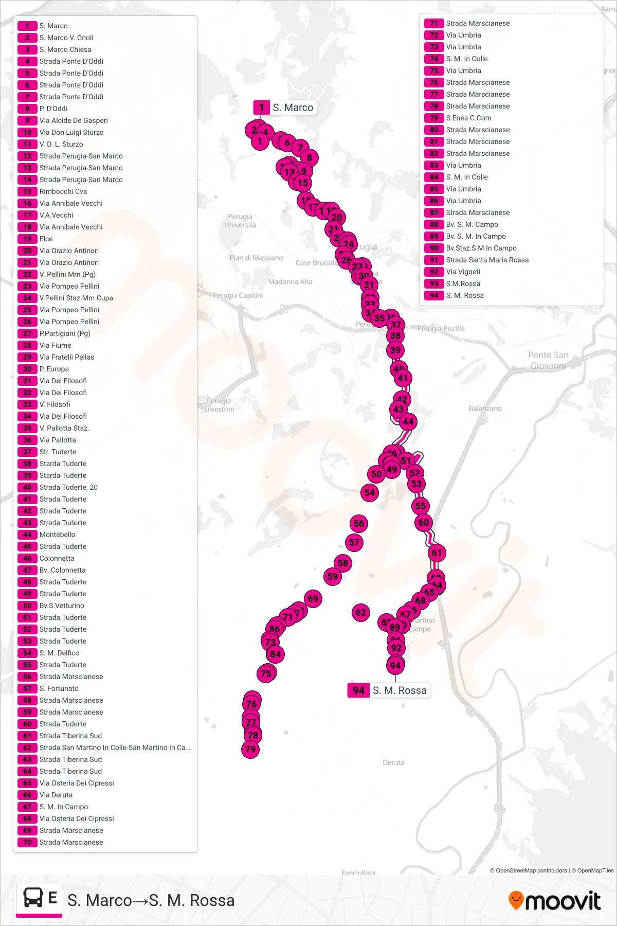 Linea E bus (S. Marco→S. M. Rossa) - Percorsi e fermate sulla mappa