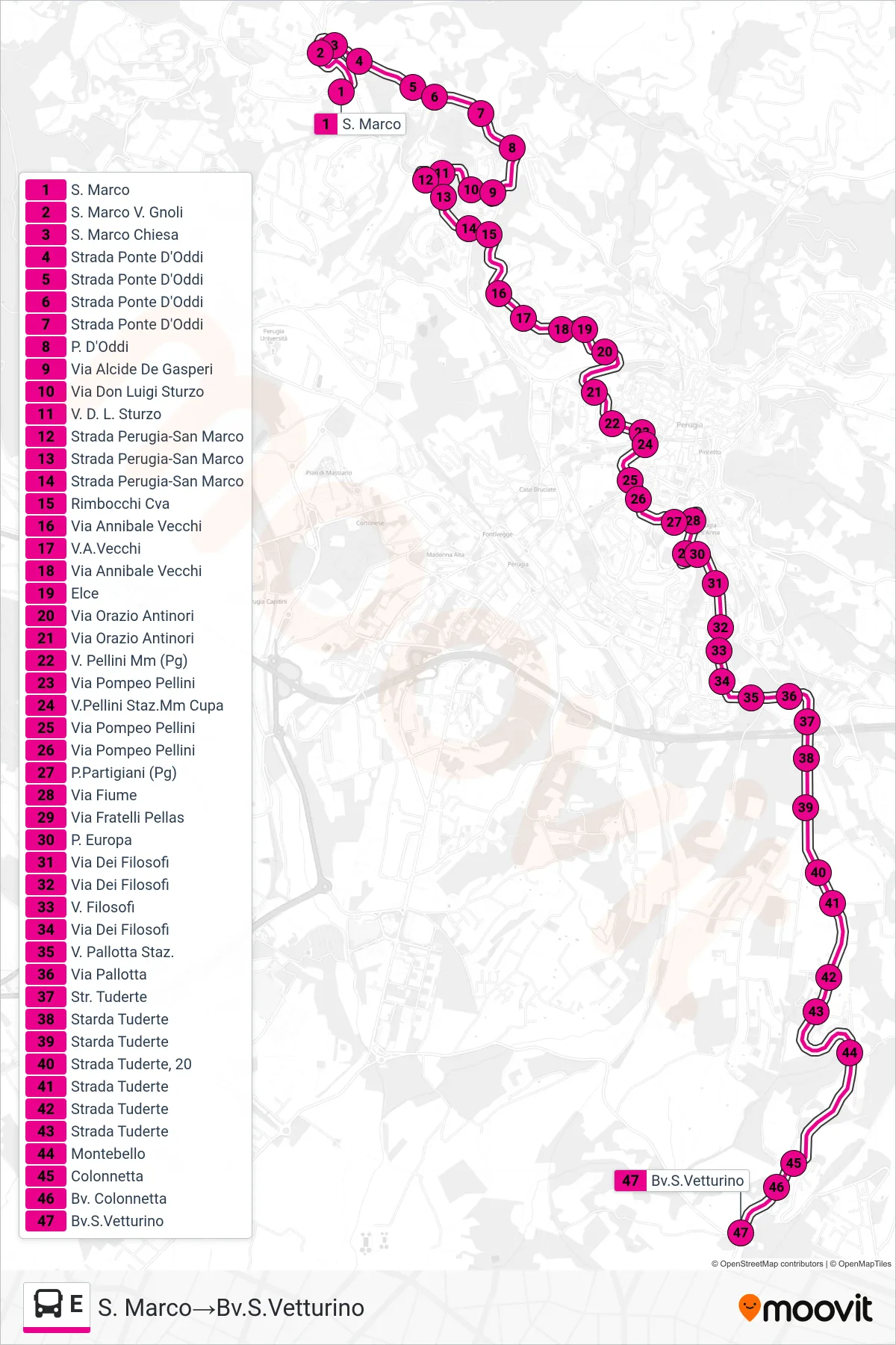 E bus Line (S. Marco‎→San Vetturino Junction) route and stops on a map
