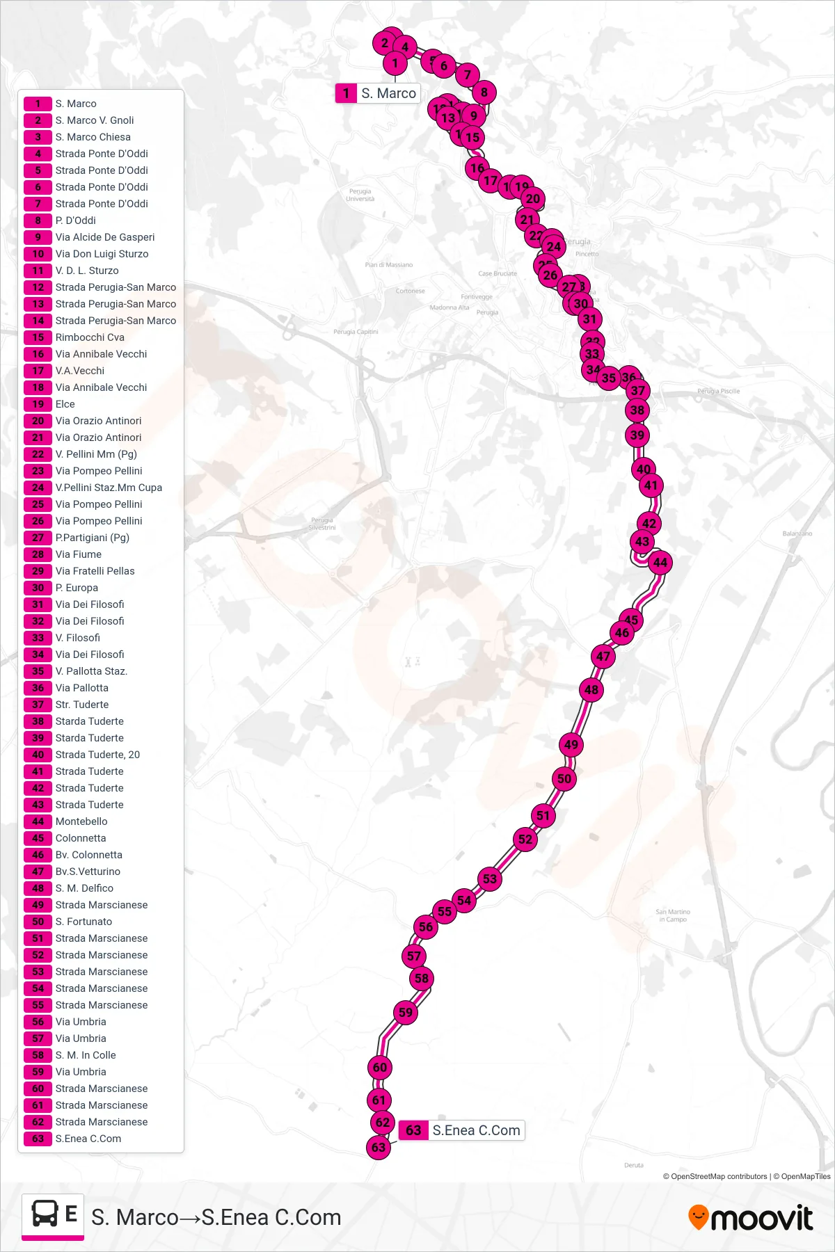 Linea E bus (S. Marco→S.Enea C.Com) - Percorsi e fermate sulla mappa