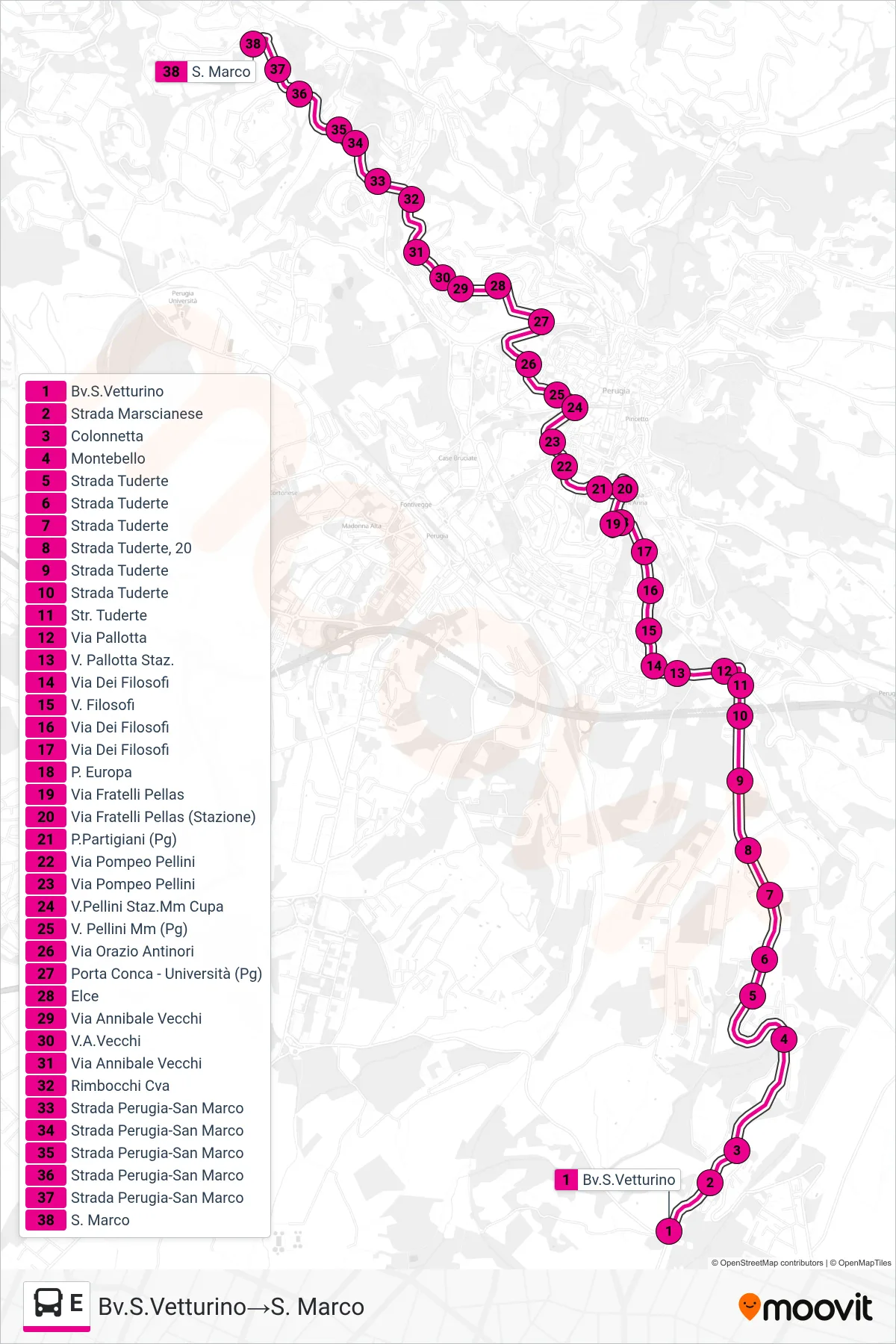 Linea E  bus (Bv.S.Vetturino‎→S. Marco) - Percorsi e fermate sulla mappa