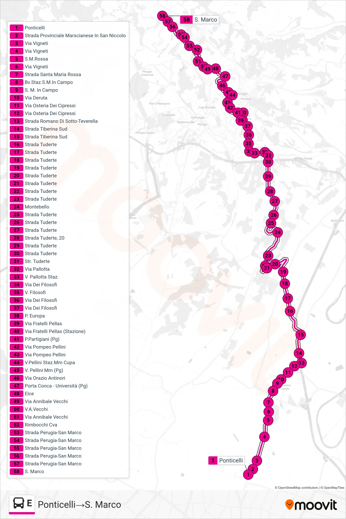 E bus Line (Ponticelli‎→S. Marco) route and stops on a map