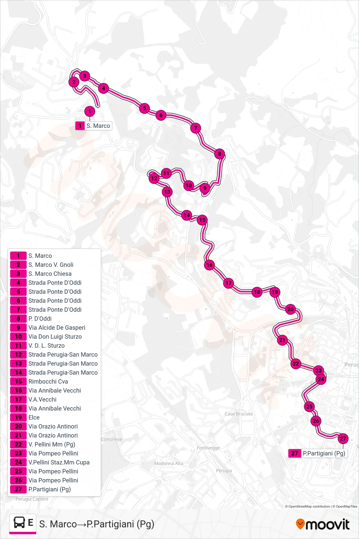 Linea E  bus (S. Marco‎→P.Partigiani (Pg)) - Percorsi e fermate sulla mappa